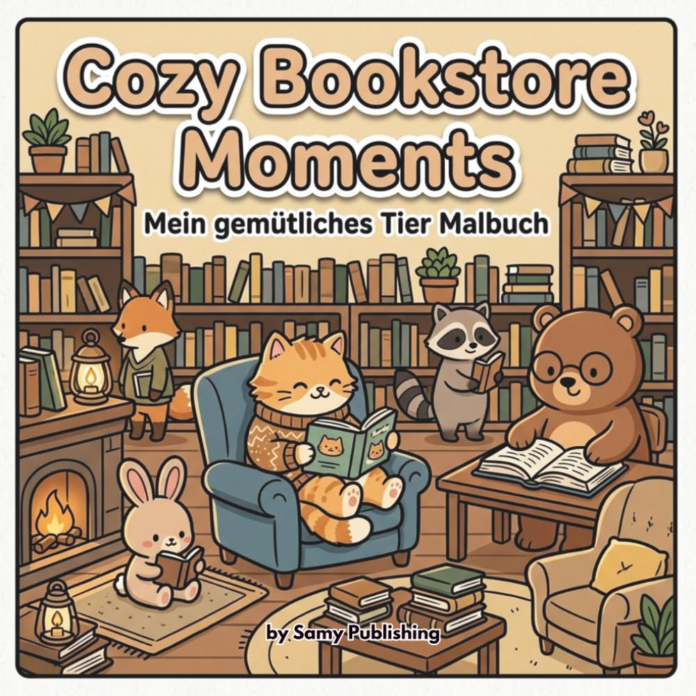 Cozy Bookstore Moments – Mein gemütliches Tier Malbuch: 40 detailreiche Ausmalbilder mit süßen Tieren in gemütlichen Buchladen- und Leseszenen zum Entspannen für Jugendliche und Erwachsene