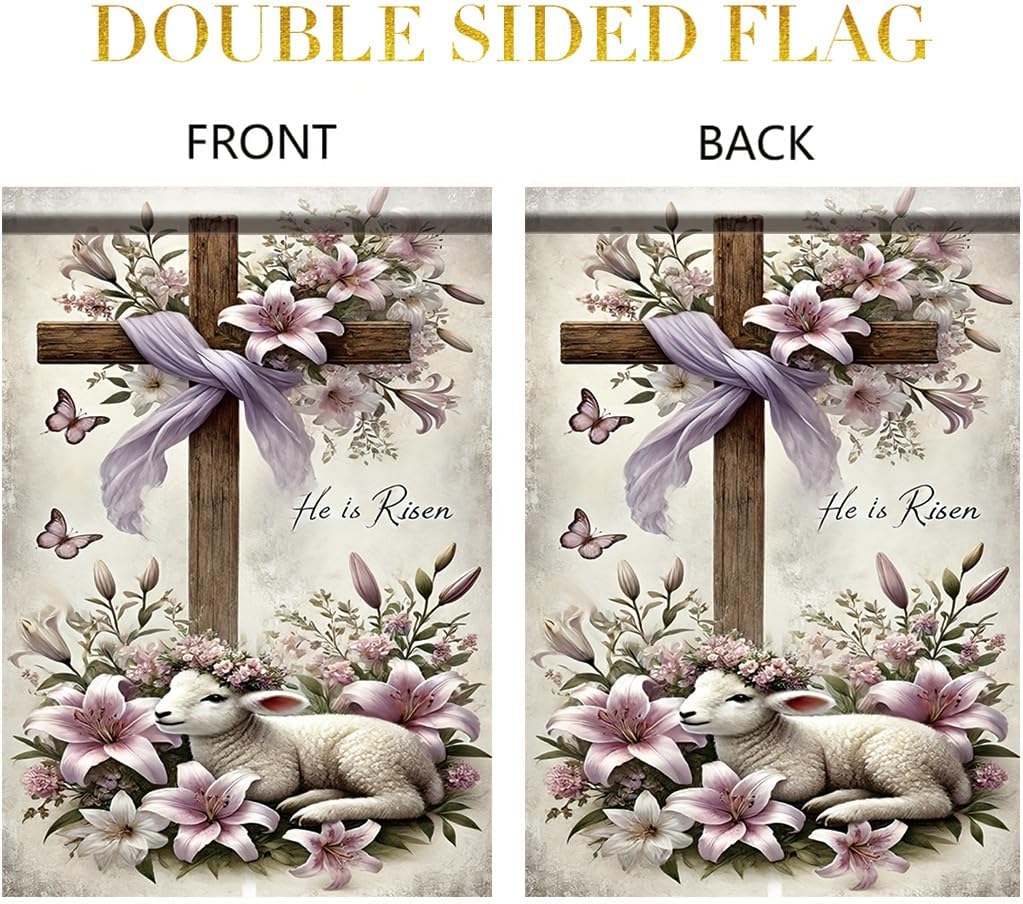 He Is Risen Garden Flag 12x18 Inch Double Sided Outdoor Yard Banner Christian Cross Lily Flowers and Lamb Easter Religious Theme Garden Decoration for Porch Patio Lawn Church Outdoor Decor - Image 3