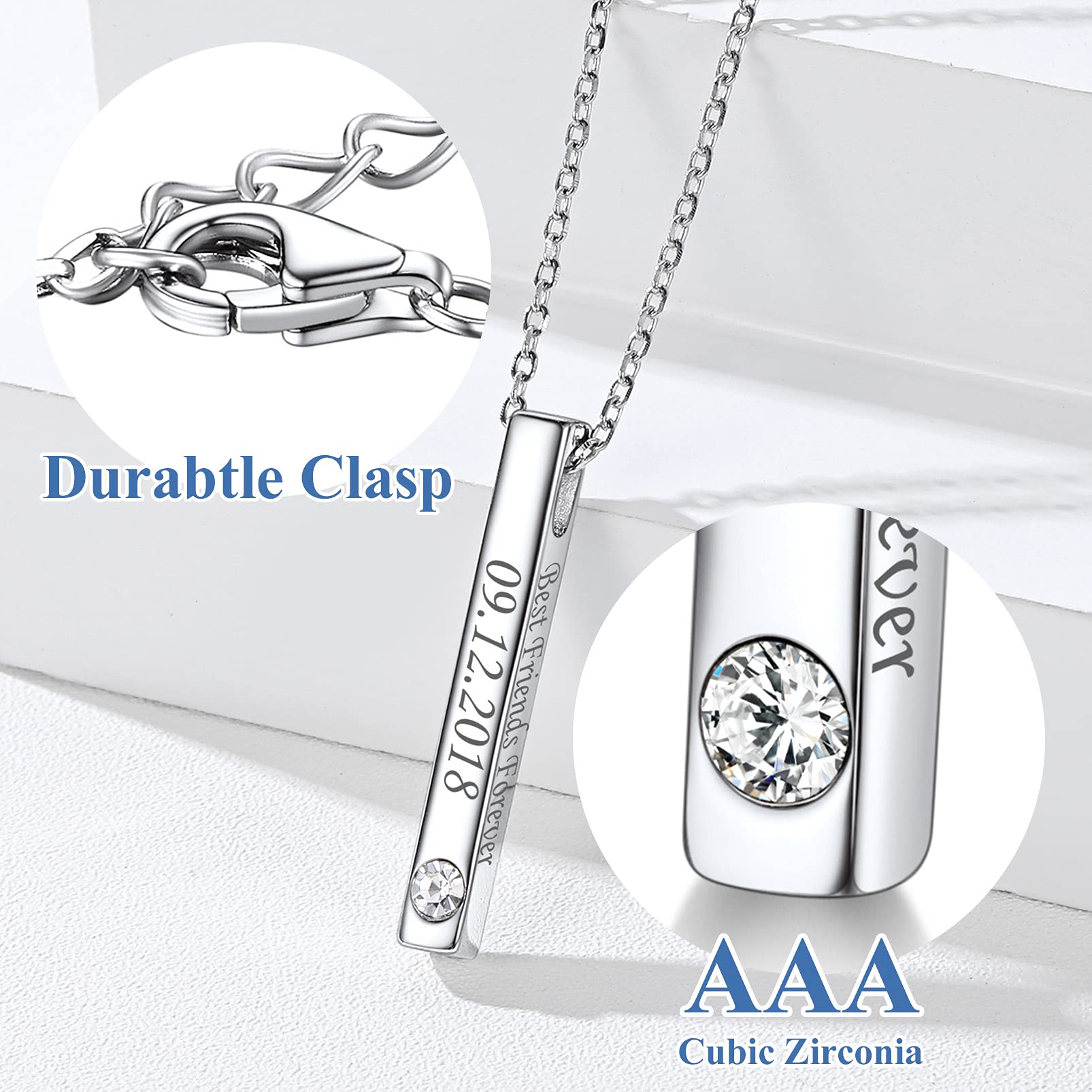 Silvora Halskette mit vertikalem Stab, Sterlingsilber, personalisierbar, schlichter Halsschmuck für Damen und Mädchen