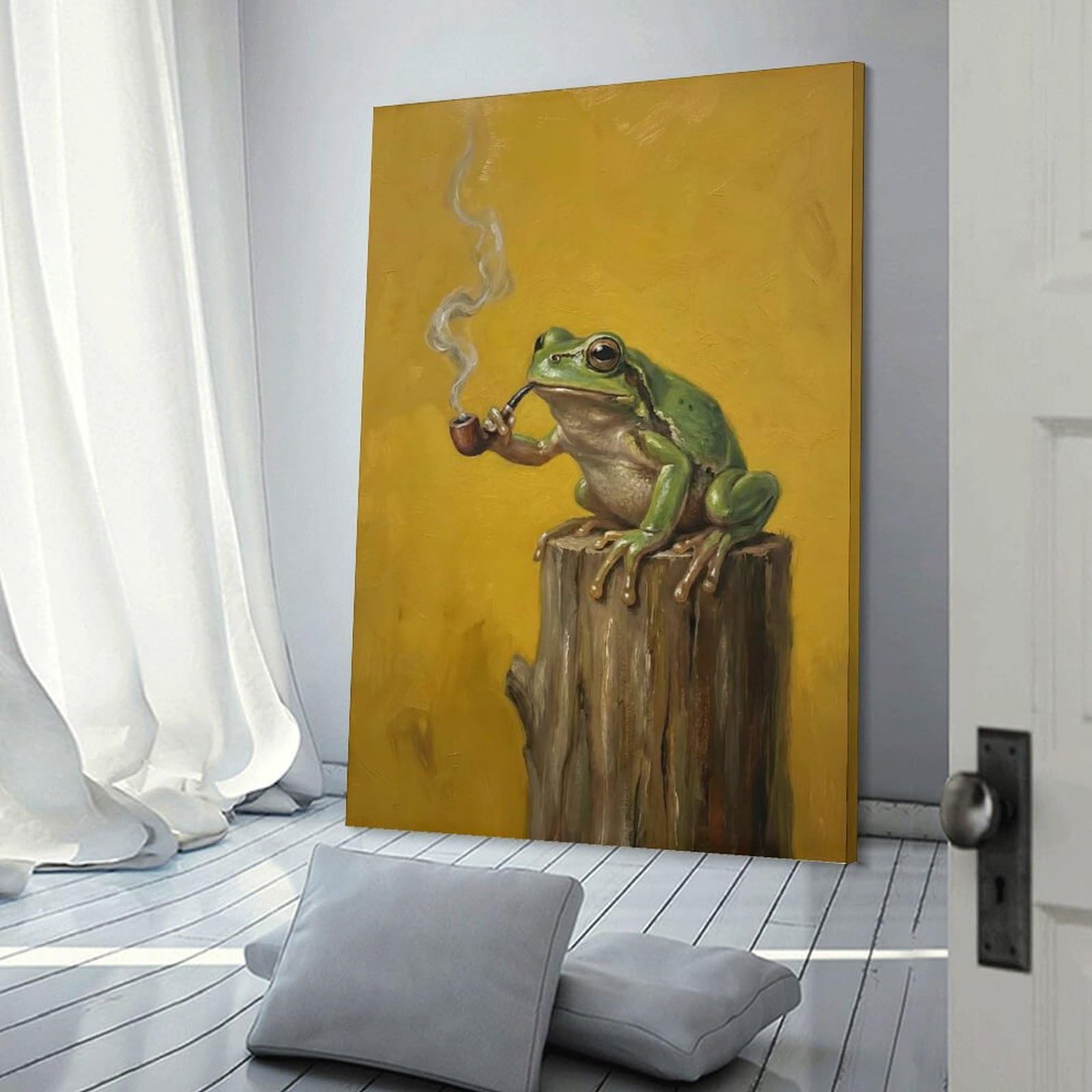Junmoney Frog Smoking A Pipe on A Tree Stump Wall Art Print 20x30inch(50x75cm), for Art Walls, Layered Displays Or Homes, Wall Decor Suited to Curated Displays