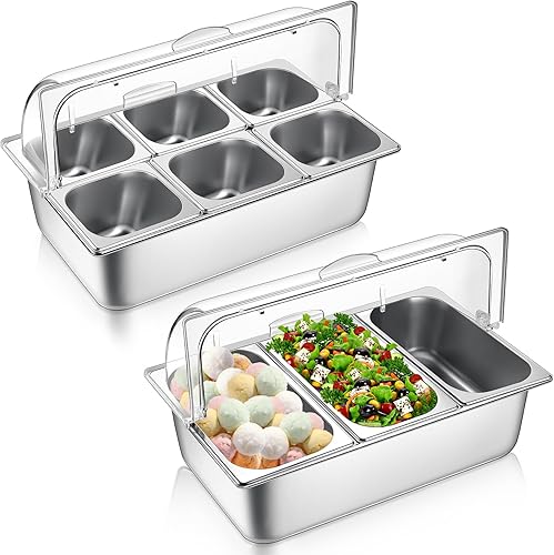 Paquete de 2 recipientes de exhibición de alimentos para encimera, bandeja de servir alimentos de acero inoxidable, dispensador de condimentos,