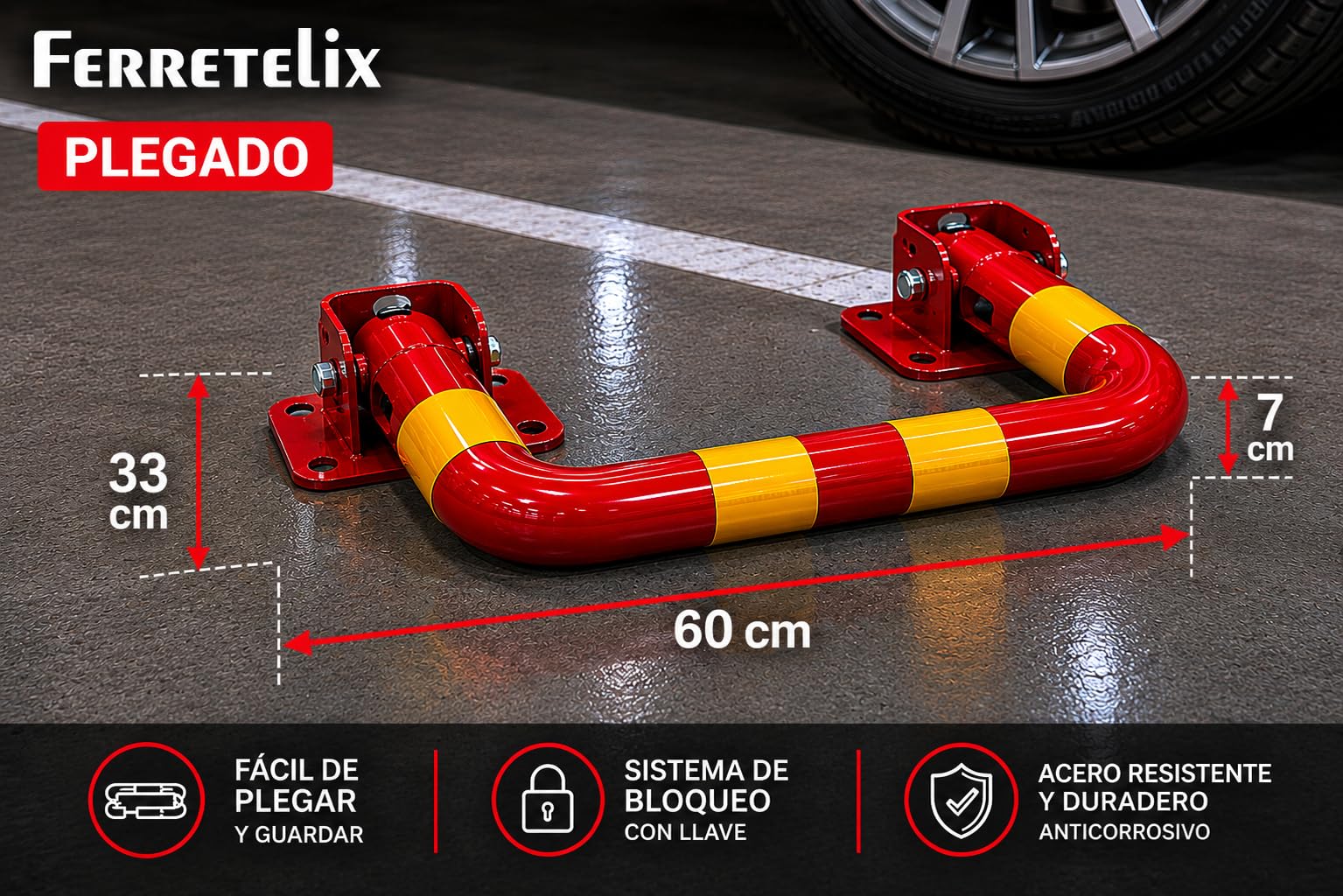 Ferretelix® Cepo Parking 60 cm x 33 cm x 8 cm - Barrera parking - Valla parking - incluye 2 llaves de seguridad. Abatible | Cerradura de seguridad