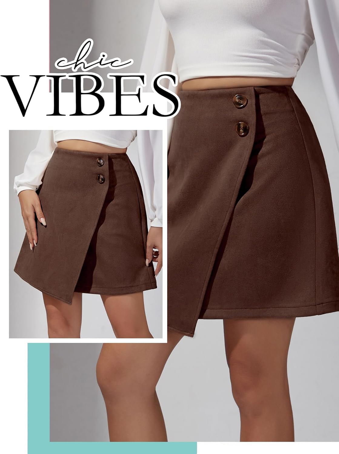 Ezcosplay Women High Waisted Faux Suede Mini Skirt Button Front Asymmetrical Hem A Line Short Skirt - Image 5