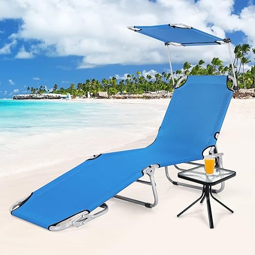 Miniatura 9 de GYMAX Silla plegable de playa tumbona con asa de transporte y bolsillo cuna ajustable de 5 niveles con sombra giratoria plegable portátil para patio