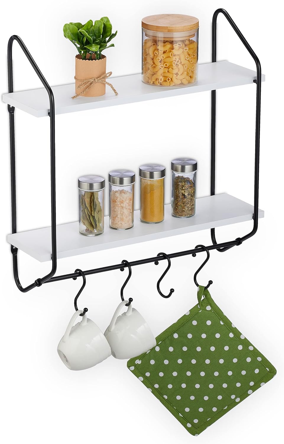 Relaxdays Wall Mounted Kitchen Rack with Hooks, 2 Shelves