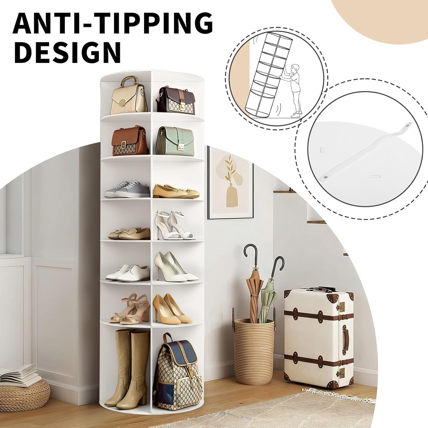 VINGLI Rotating Shoe Rack Tower, 7 Tier 360° Spinning Lazy Susan Shoe Storage for Closet, 73" Tall Vertical Carousel Organizer for Boots, Heels & Bags, White Corner Shelves (No Tool Assembly)