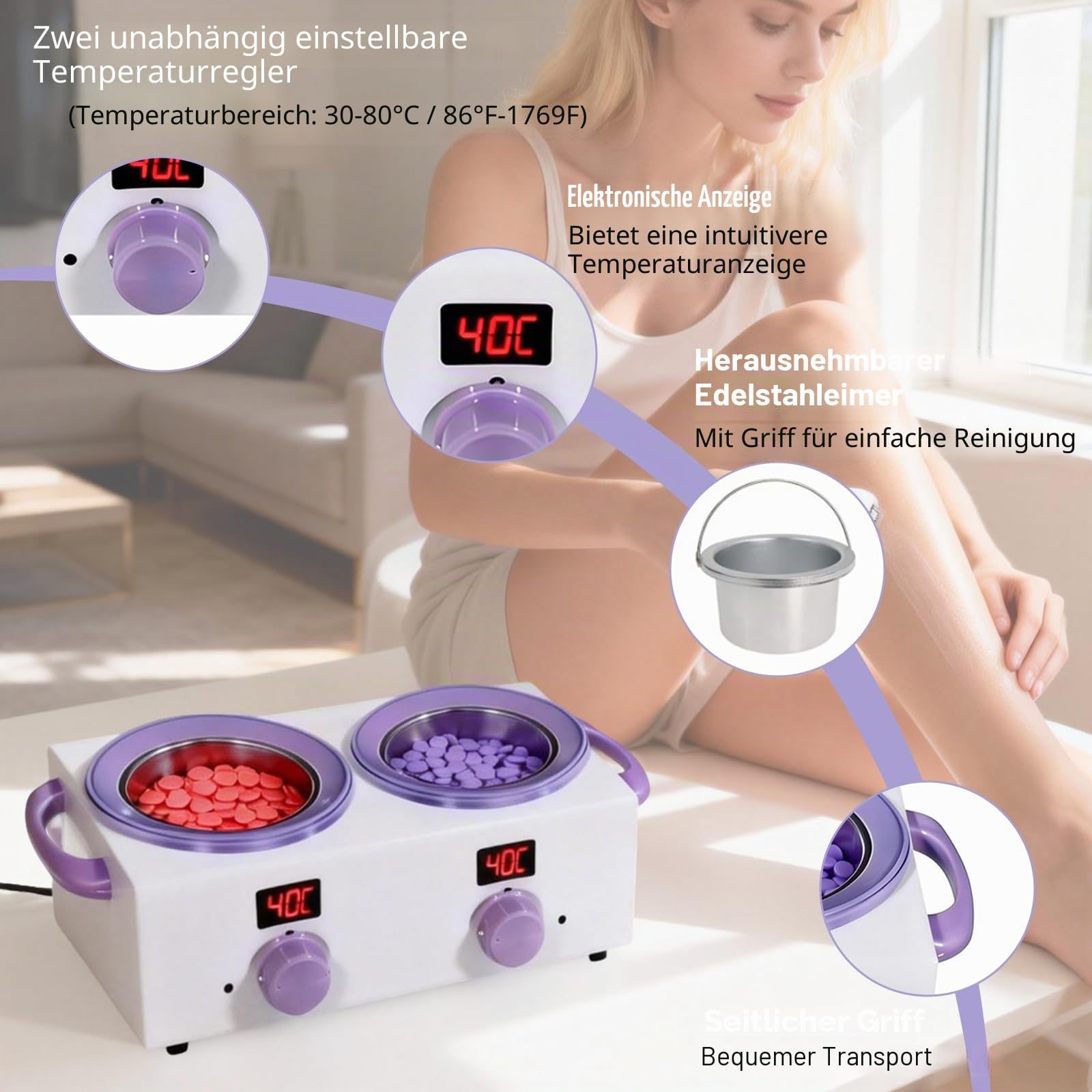 Dualer Wachserhitzer mit elektronischem Display, 2x500ML Gesamtkapazität, Doppelwachs-Topf, 220 W Wachserhitzer zur Haarentfernung mit einstellbarer Temperatur, ideal für Zuhause, Salon