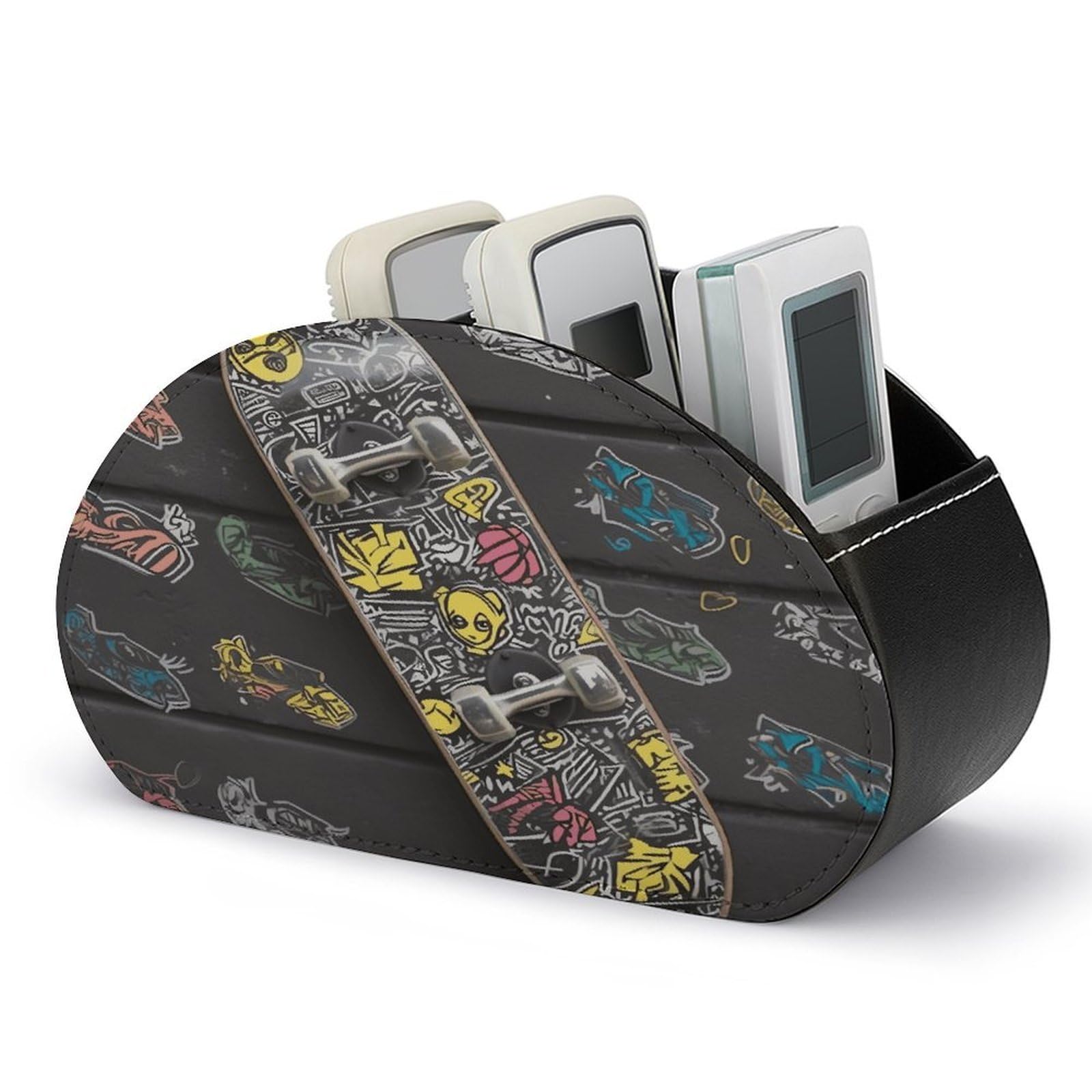 VstaDank Graffiti Skateboard Remote Control Holder Farmhouse TV Media Remote Storage Box with 5 Compartments PU Leather Remote Caddy Desktop Organizer for Home Bedside Table Organizer