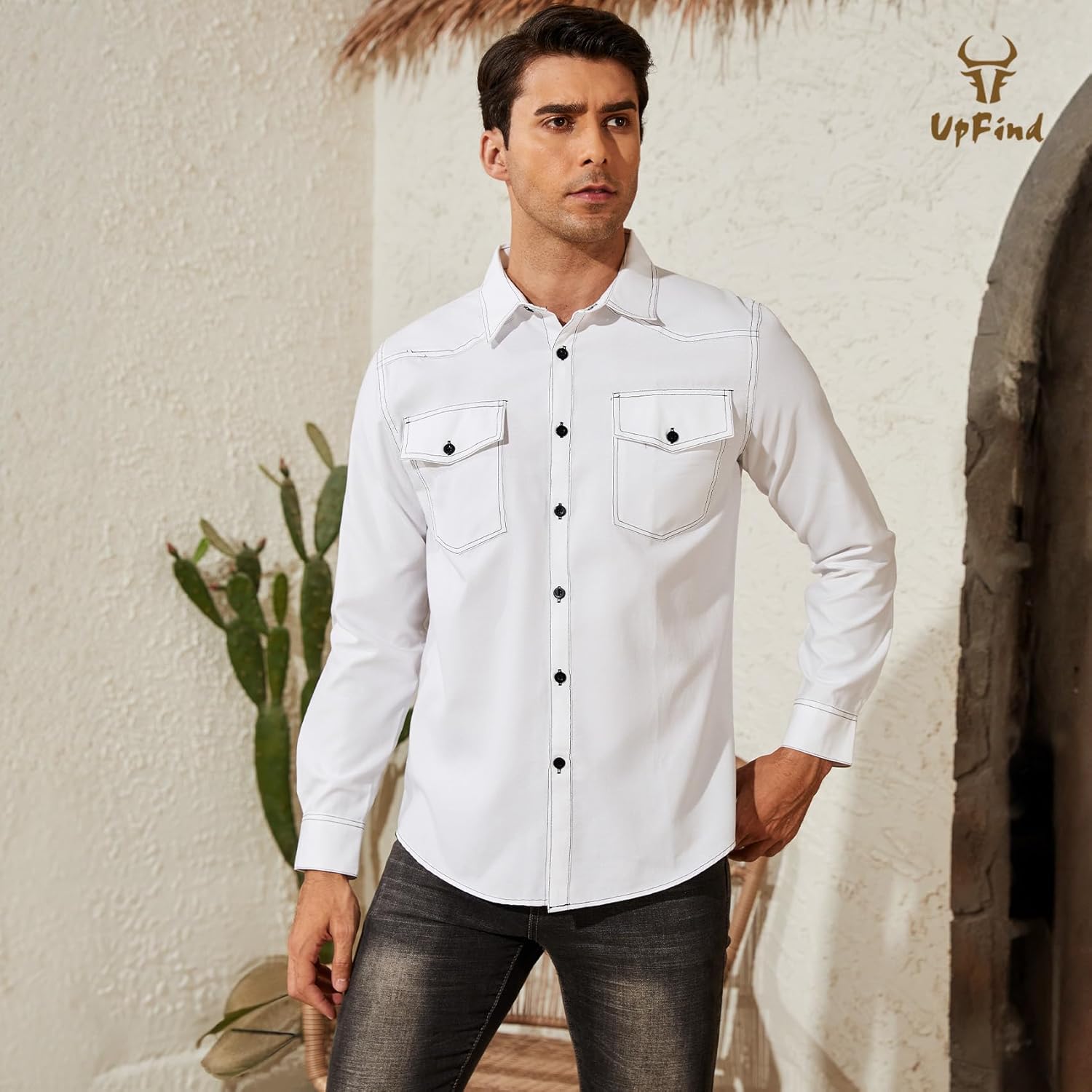 Men's Western Cowboy Shirt Long Sleeve Cotton Slim Fit Casual Button Down Shirts with Pockets - Image 4