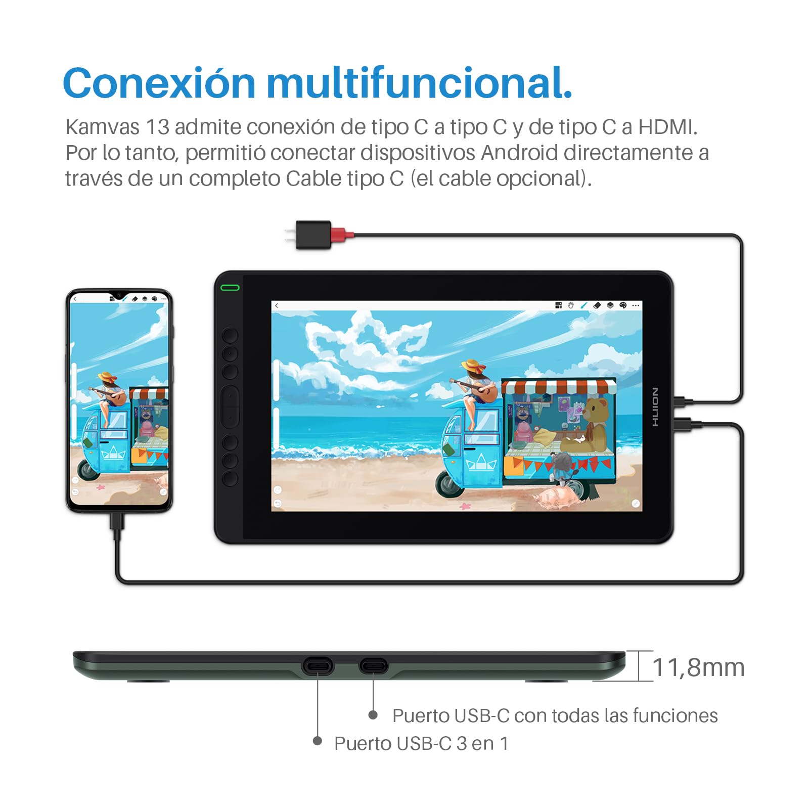 HUION Kamvas 13 Tableta Gráfica con Pantalla, Monitor de Dibujo Gráfico de 13,3 Pulgadas,120% sRGB, Lápiz PW517, con Ajustable Soporte, Ideal para Trabajar Desde Casa y Aprendizaje Remoto, Verde | PenTech4.0 16384 Pen Pressure, 5 teclas Express, Canvas Gl