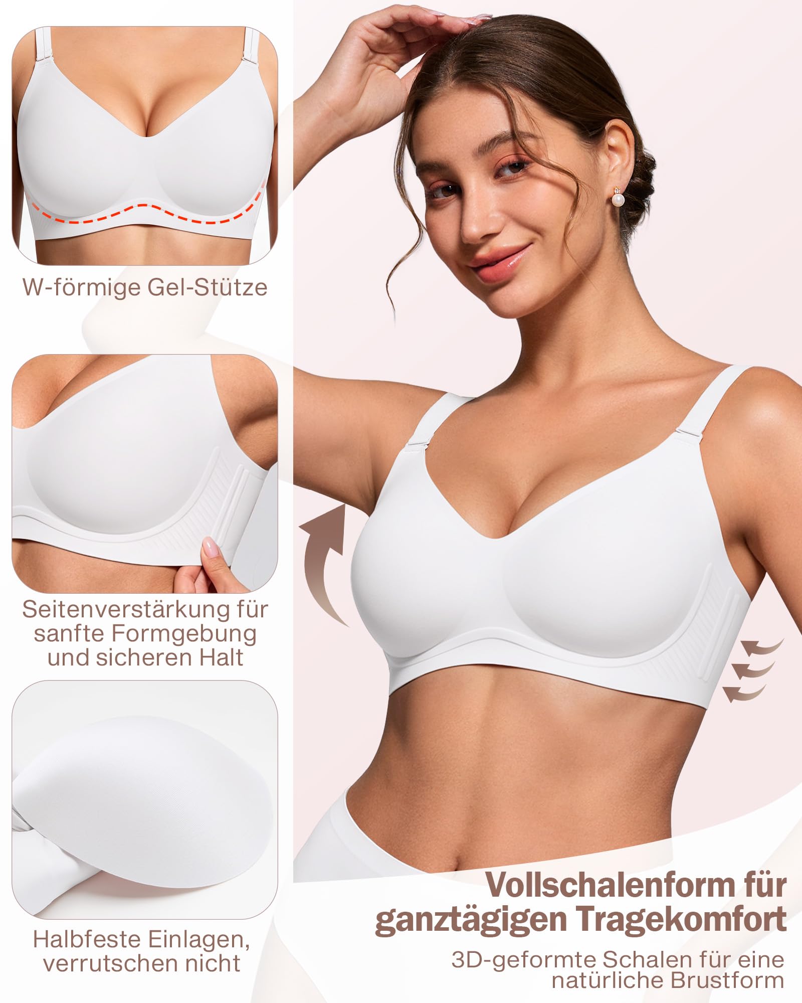 As Fairy Beauty Back Reggiseno da donna, senza cuciture, senza fili, Jelly Strip, reggiseno push-up confortevole, copertura completa, per tutti i giorni, con 2 set di bretelle