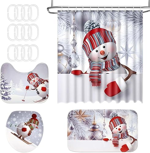 Juego de 4 cortinas de ducha de Navidad con alfombras y tapa de inodoro, muñeco de nieve de Navidad para baño, decoración de baño, tema de
