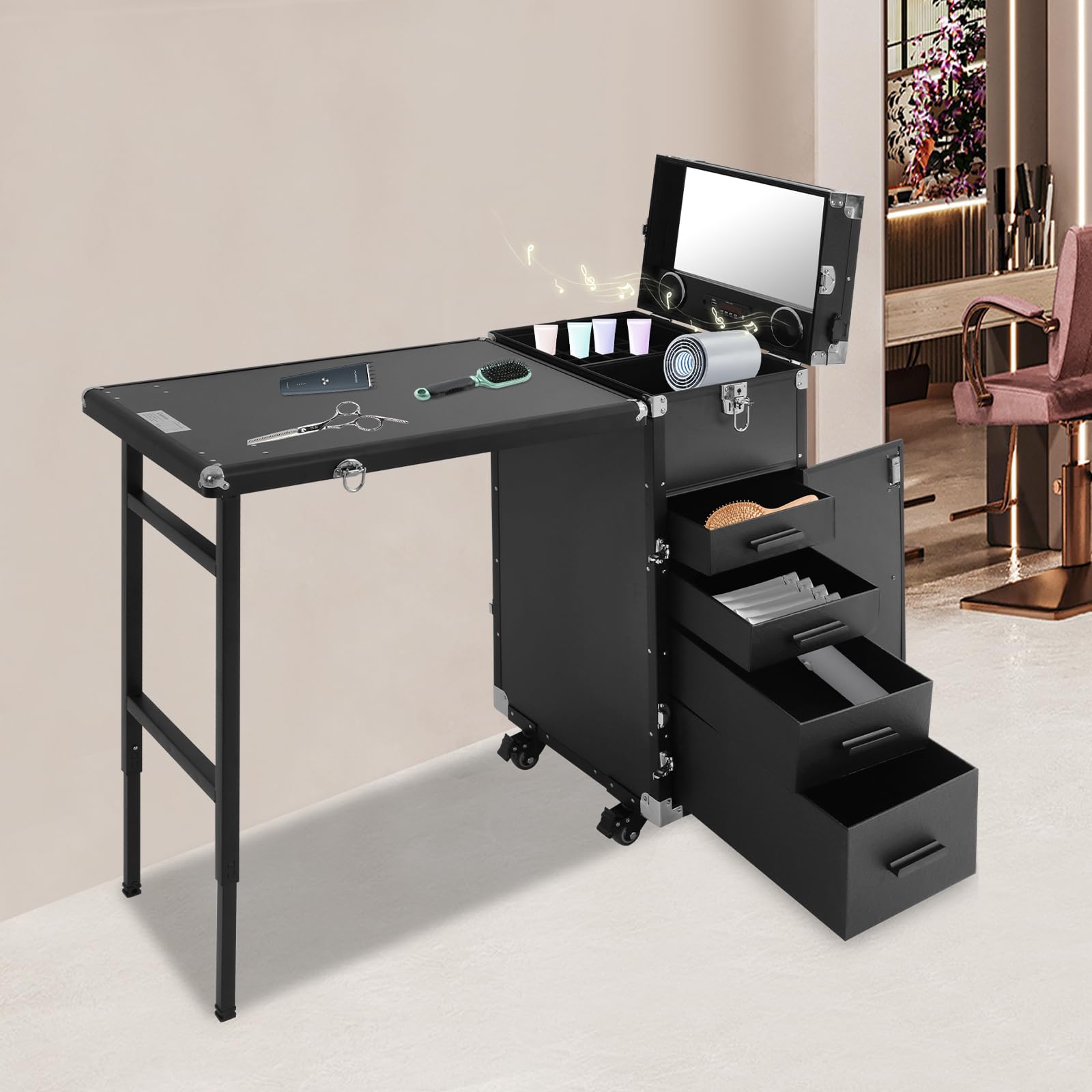 Valigetta Porta Trucchi 2 In 1 Valigetta Trucchi Trolley Trucco Professionale con Tavolo Unghie Pieghevole Trolley Per Cosmetici con 4 Cassetto, Specchio, Altoparlante Bluetooth (Nero)