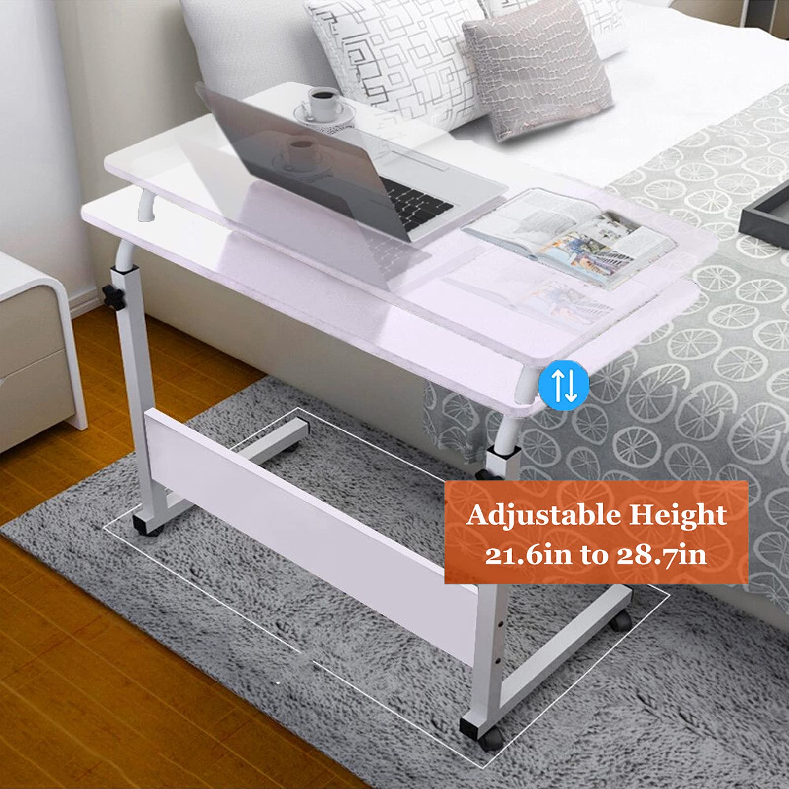 Mobile Bedside Computer Table Standing Desk Adjustable Height Laptop Stand Side Table with Lockable Wheels Home Office Workstation — view 4