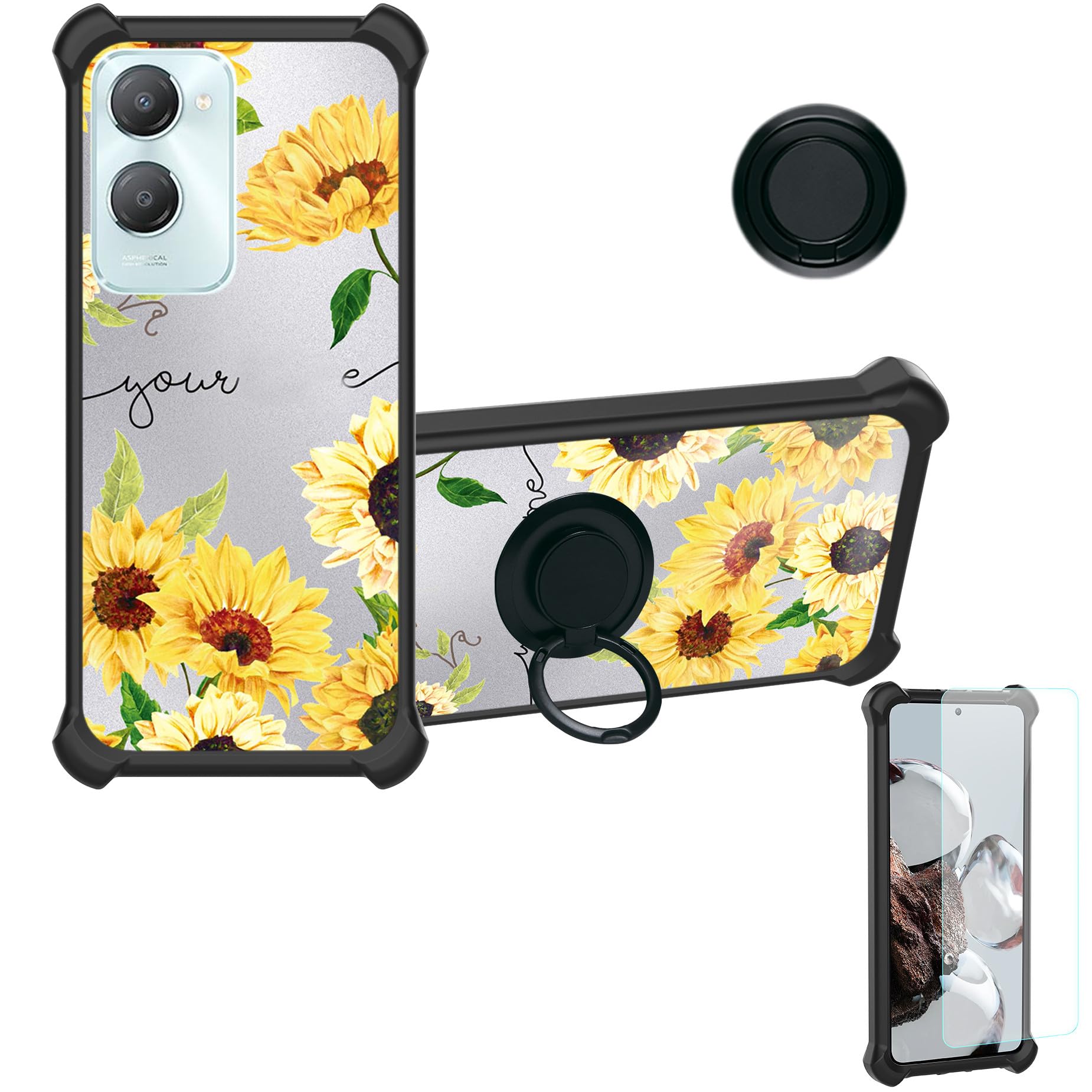 Case Compatible for iQOO Z9 Lite 5G Phone Case Cover [with Tempered Glass Screen Protector][Hard PC + Soft Silicone][Ring Support] [Silver Reflect Light] DYH-XRK