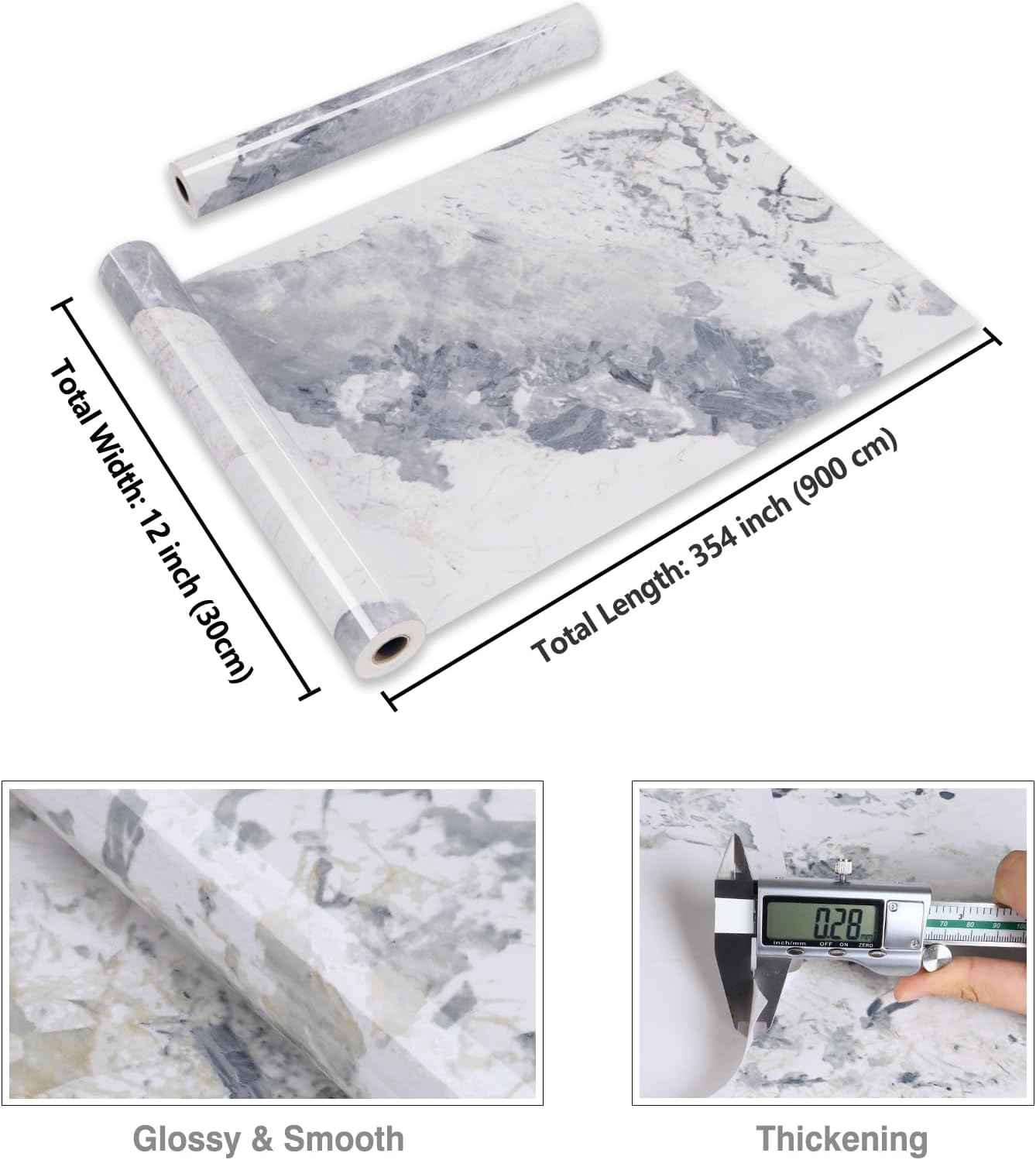 CRE8TIVE Spruce White Marble Contact Paper for Countertops Waterproof 12"x354" Glossy Marble Wallpaper Peel and Stick Self Adhesive Removable Wall Paper for Kitchen Bedroom Shelves Tables Desks Walls