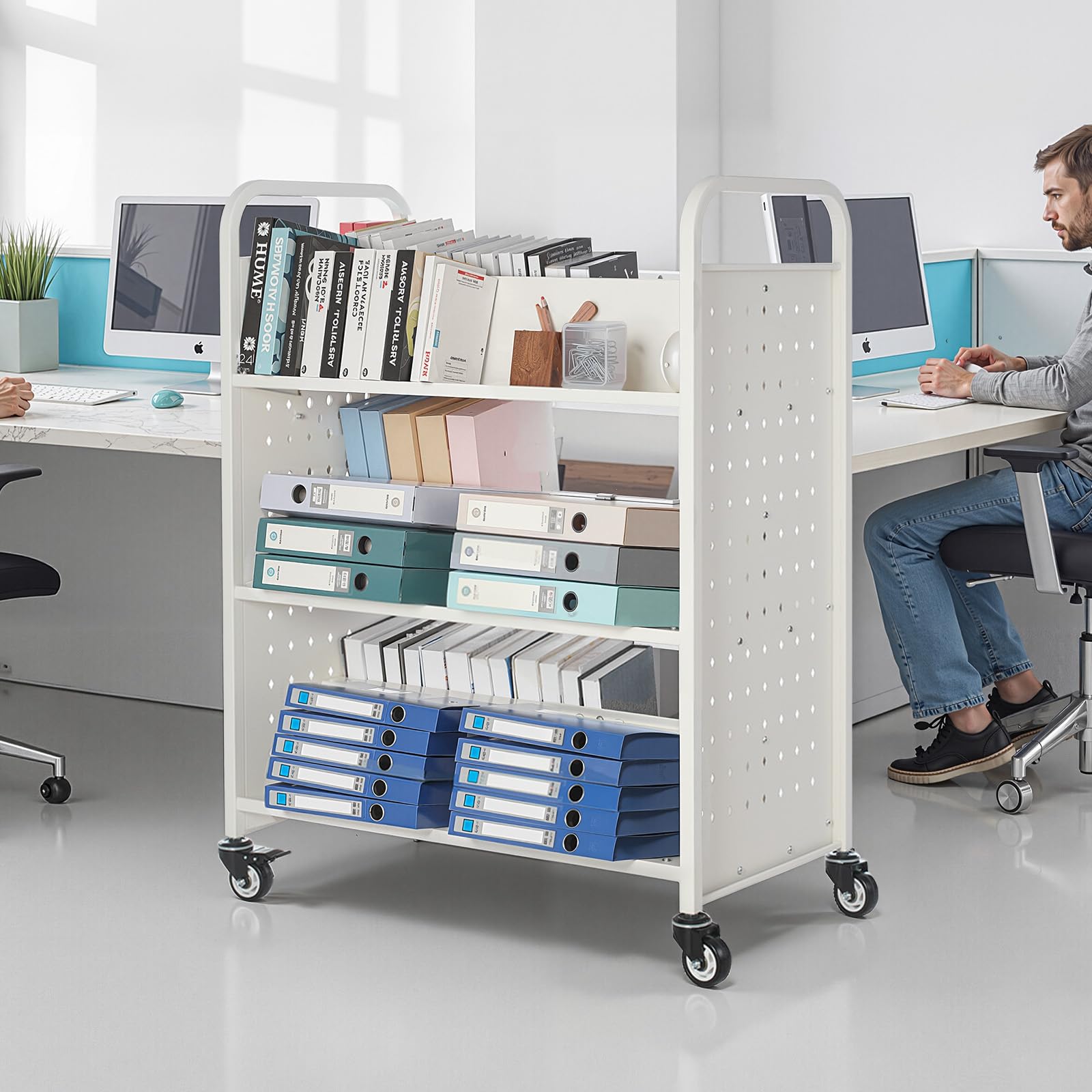 VEVOR Carro para Libros de 3 Niveles Estantería de Libros con Ruedas 97 x 51,5 x 122,5 cm Estante de Almacenamiento en Forma de W Doble Cara Carro Rodante para Biblioteca, Oficina, Escuela, Blanco