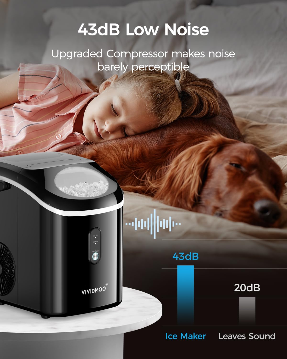 Vividmoo ice maker next to a sleeping child and dog, with a 43dB noise level indicator