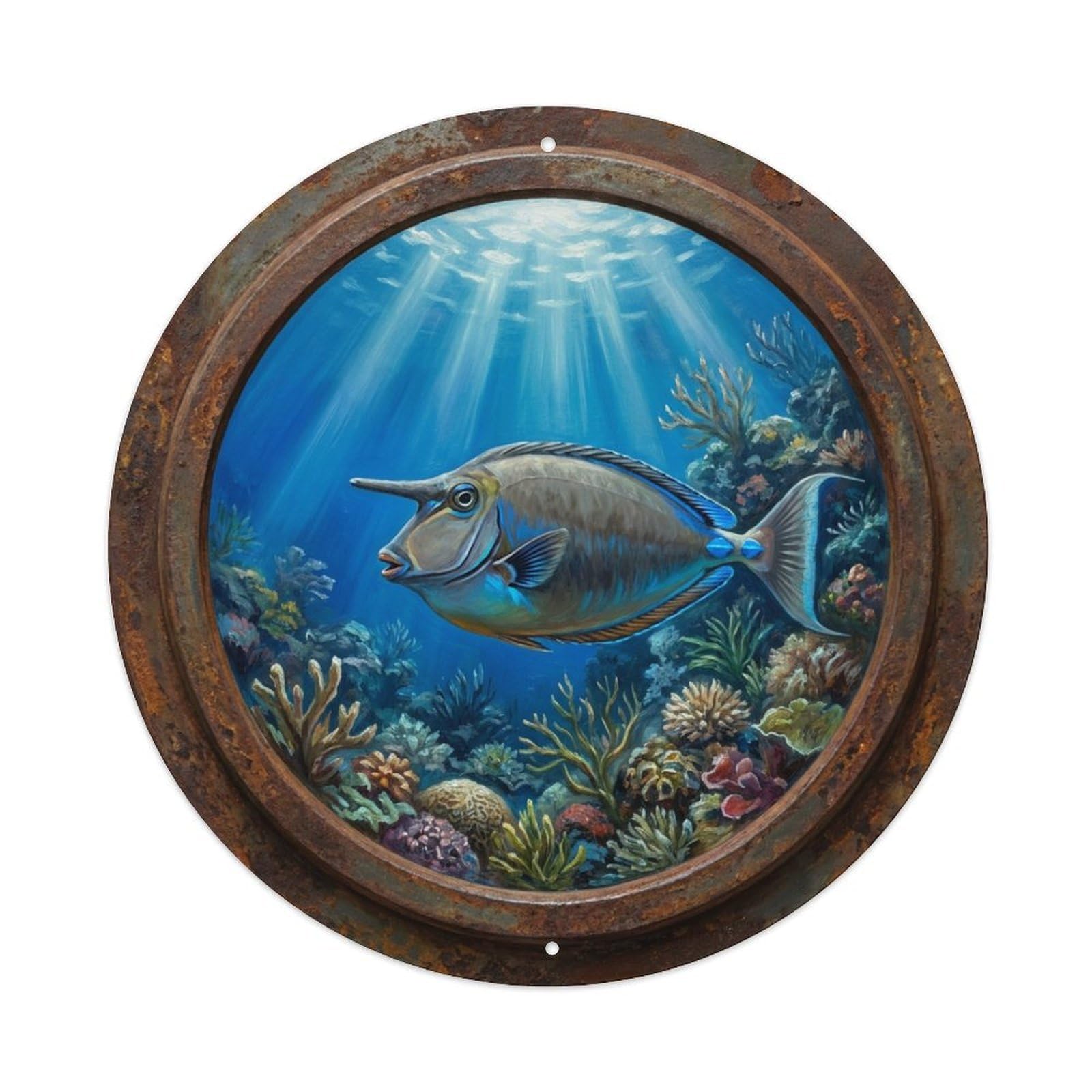 Vintage Porthole Unicornfish Horn Ship Window Undersea Deep Metal Tin Sign