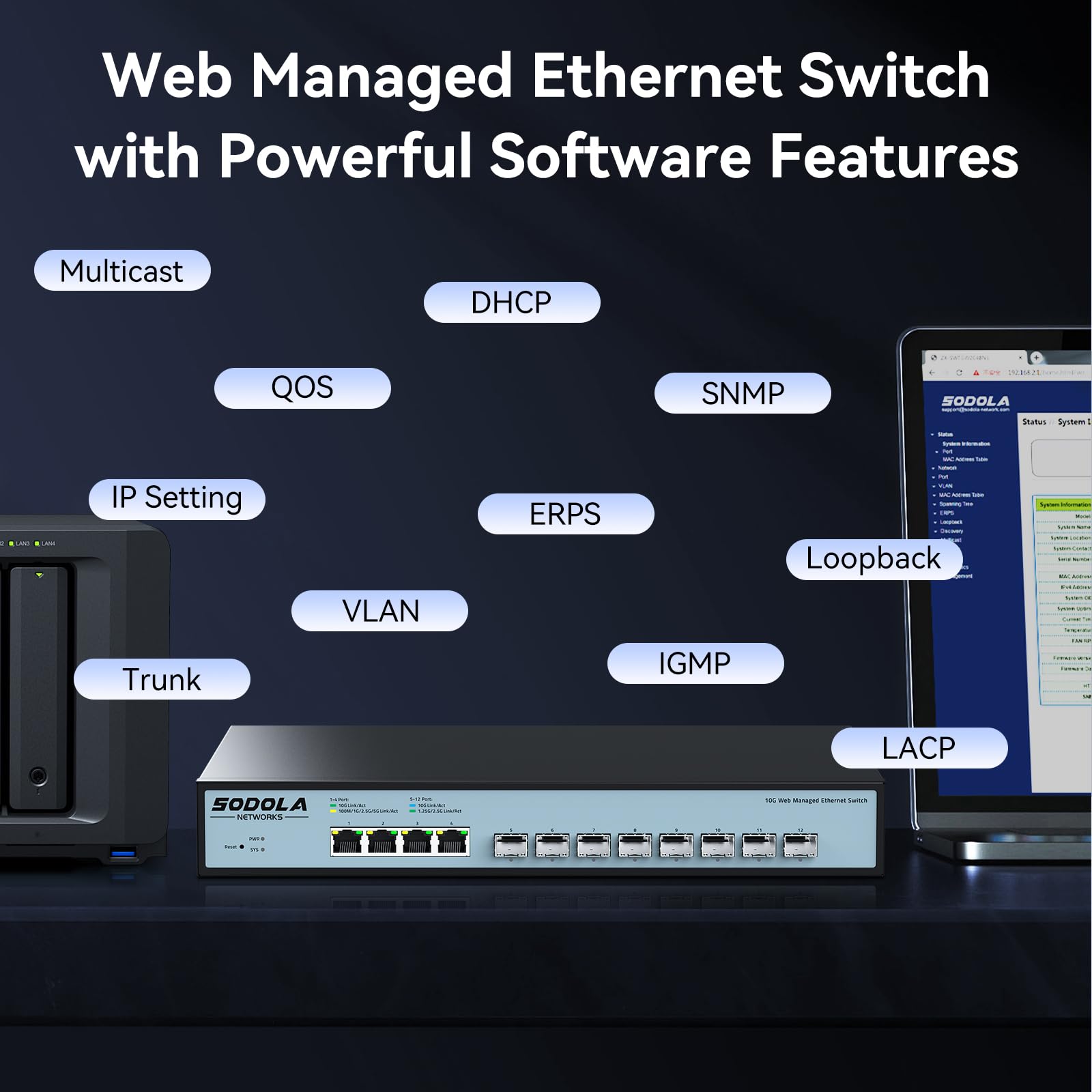 SODOLA 12-Port 10Gbit Managed Switch, 8x10Gb SFP+ & 4x10GBase-T Ports | Lüfterkühlung, 1U Rack-Montage, Web-GUI für LACP/QoS/VLAN/SNMP – 10G Multi-Gigabit-Netzwerkswitch