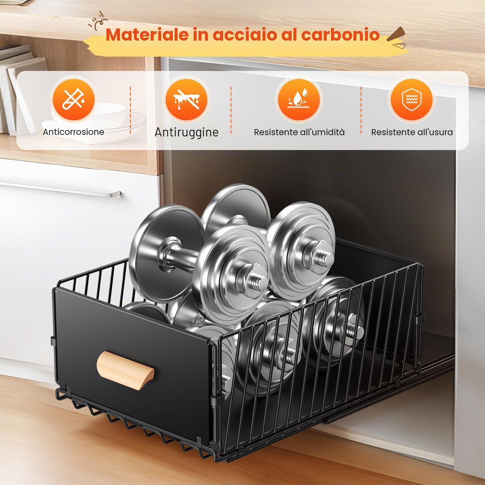 Telescopic Drawer, Extendable Drawer for Kitchen Cabinets, Slide Out Cabinet Organiser with Handle & Adhesive for Kitchen Pantry, No Drilling 23.5 x 39.5 x 19.5 cm, 2 Packs