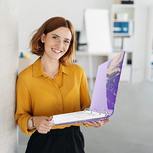 Miniatura 6 de 6 carpetas de 3 anillos de mármol de 10.5 x 12 pulgadas, bonitas carpetas decorativas estéticas de tapa dura redondas para hojas sueltas, papel