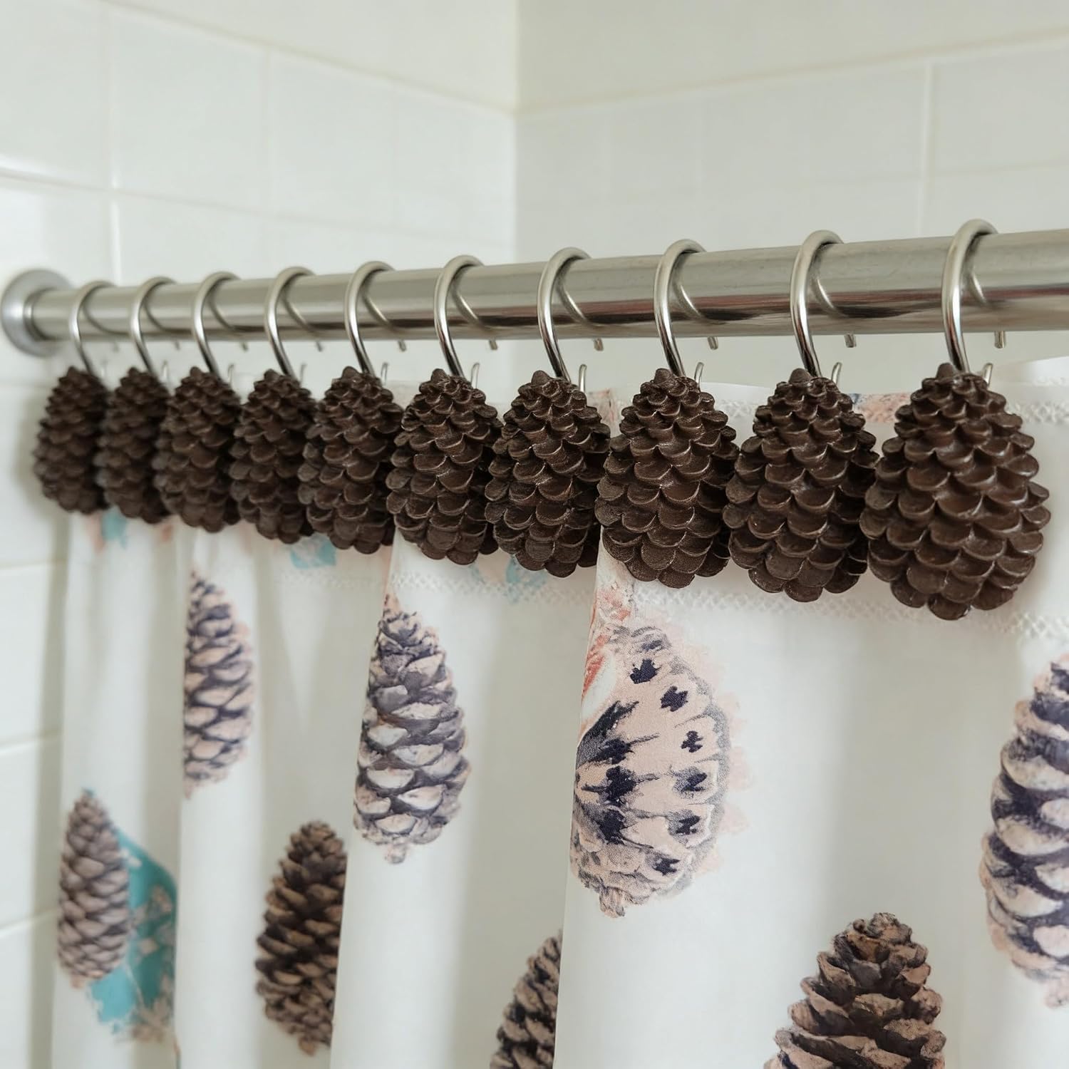 Twofishes Decorative Pinecone Shower Curtain Hooks Bathroom Rolling Hangers Curtain Rings Pack of 12