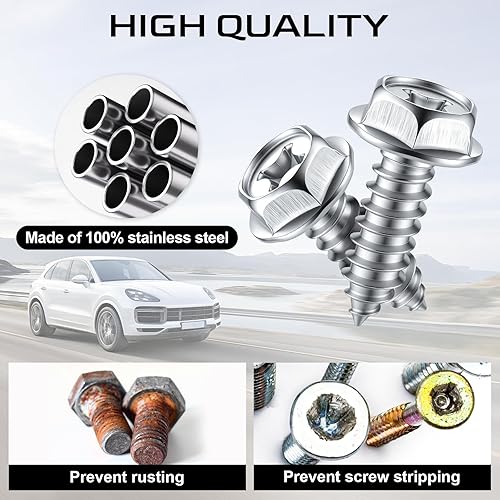 Miniatura 4 de LivTee Tornillos inoxidables para placa, marcos y cubiertas de en automóviles y camiones, juego de 4 pernos con montaje autorroscantes de acero