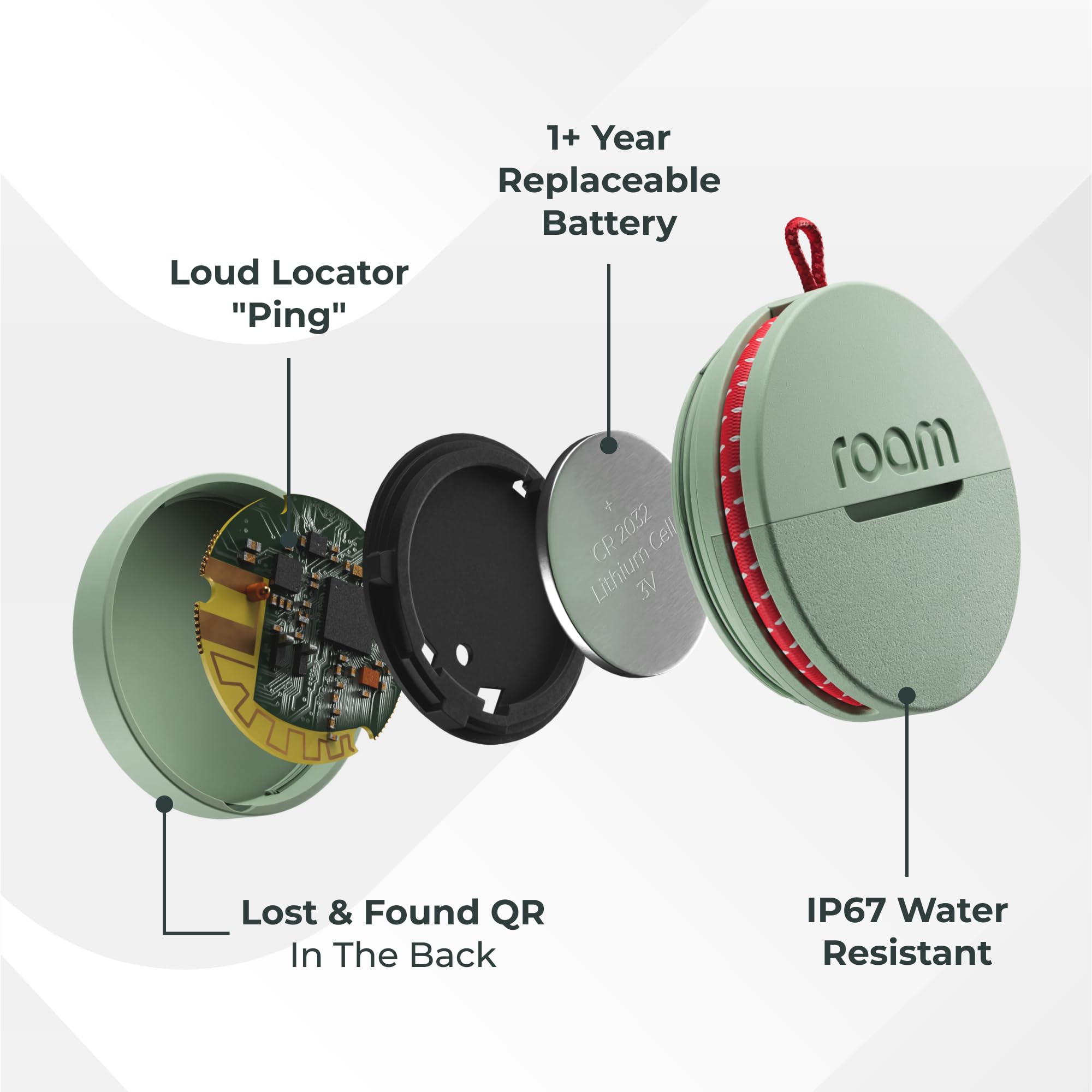 Roam Smart Tracker, Funziona con Android e iPhone, tiene traccia delle chiavi, borse, biciclette e altro ancora, batteria sostituibile di 1 anno, resistente all'acqua e alla polvere, cinturino e cavo