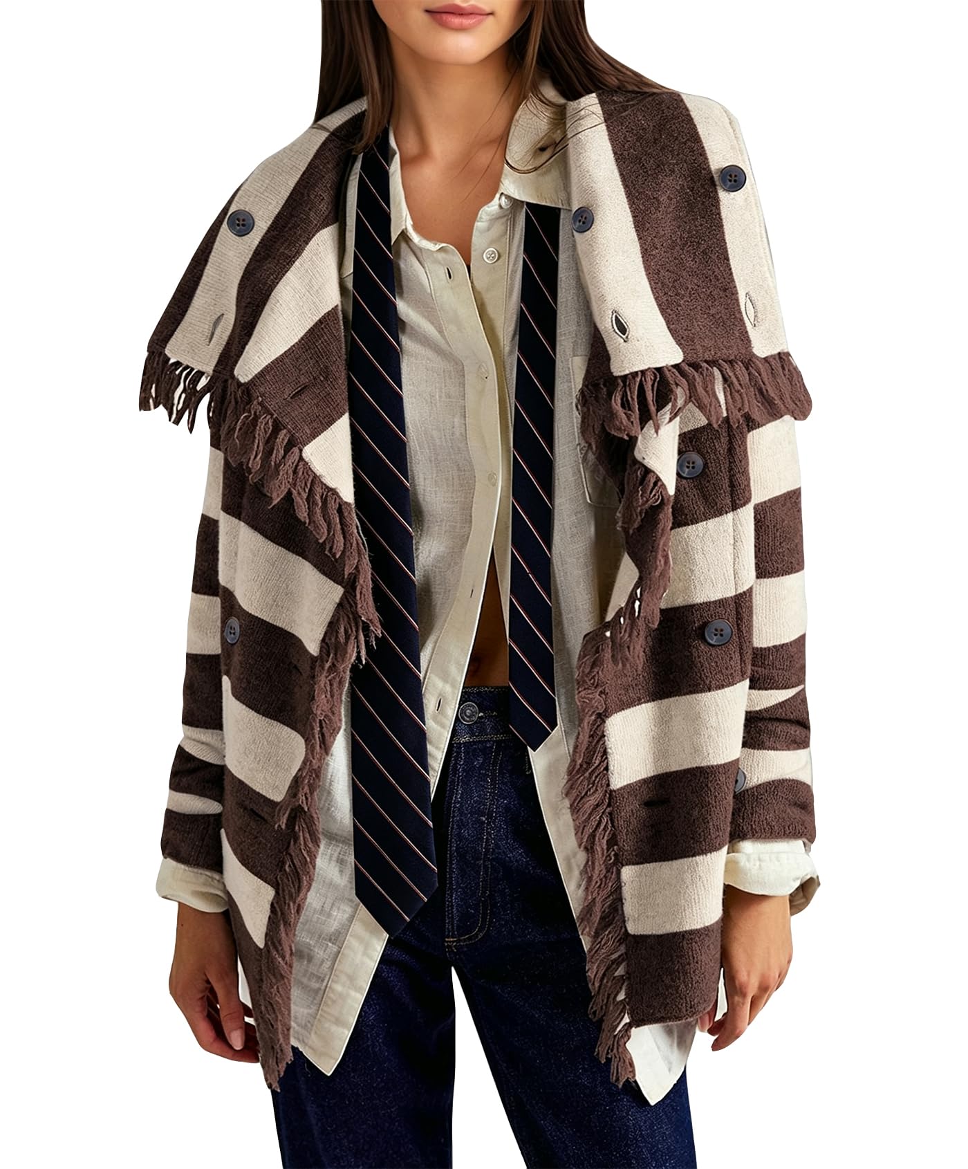 Cardigan élégant à double boutonnage rayé pour femme