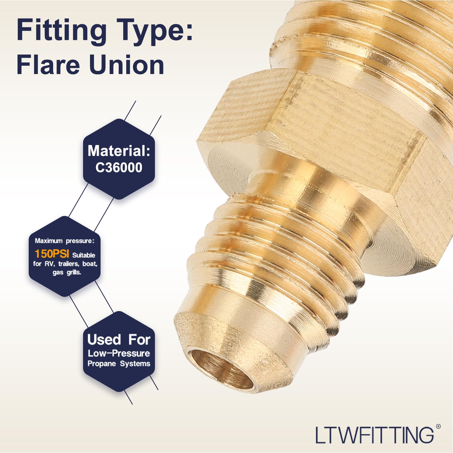 LTWFITTING Brass 3/8" OD X 1/4" OD Flare Forged Reducing Swivel Nut Union Tube Fitting(Pack Of - View #2