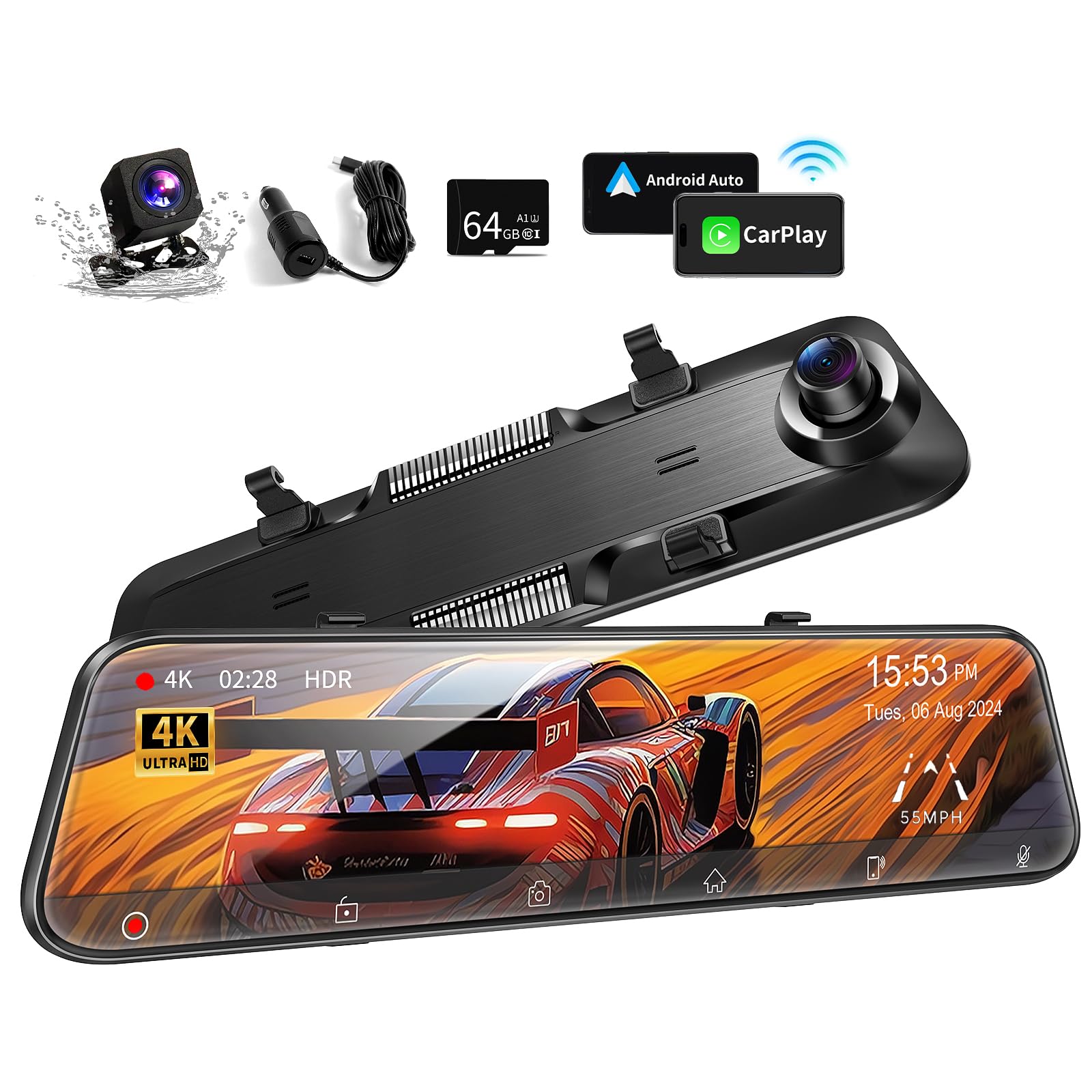 12"4K Rear View Mirror Camera with Carplay&Android Auto, Mirror Dash Cam Backup Camera for Cars, Smart Touch Screen&Voice Control, Front and Rear Recording, 64GB Card, Parking Monitor, Reverse Assist