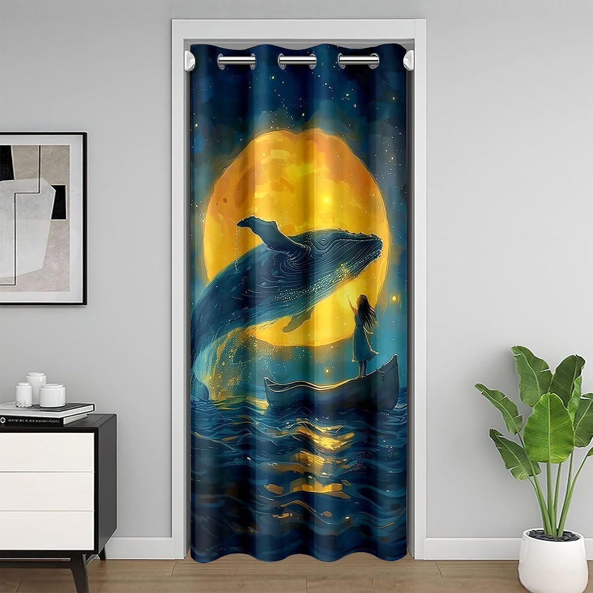 Castle Fairy Whale Woman Door Curtain,Moon Night Blackout Curtain,Ocean Boat Adventure Bedroom Doorway Living Room Decor,Japanese Anime Privacy Door Drape 1 Panel,52" W x 80" L