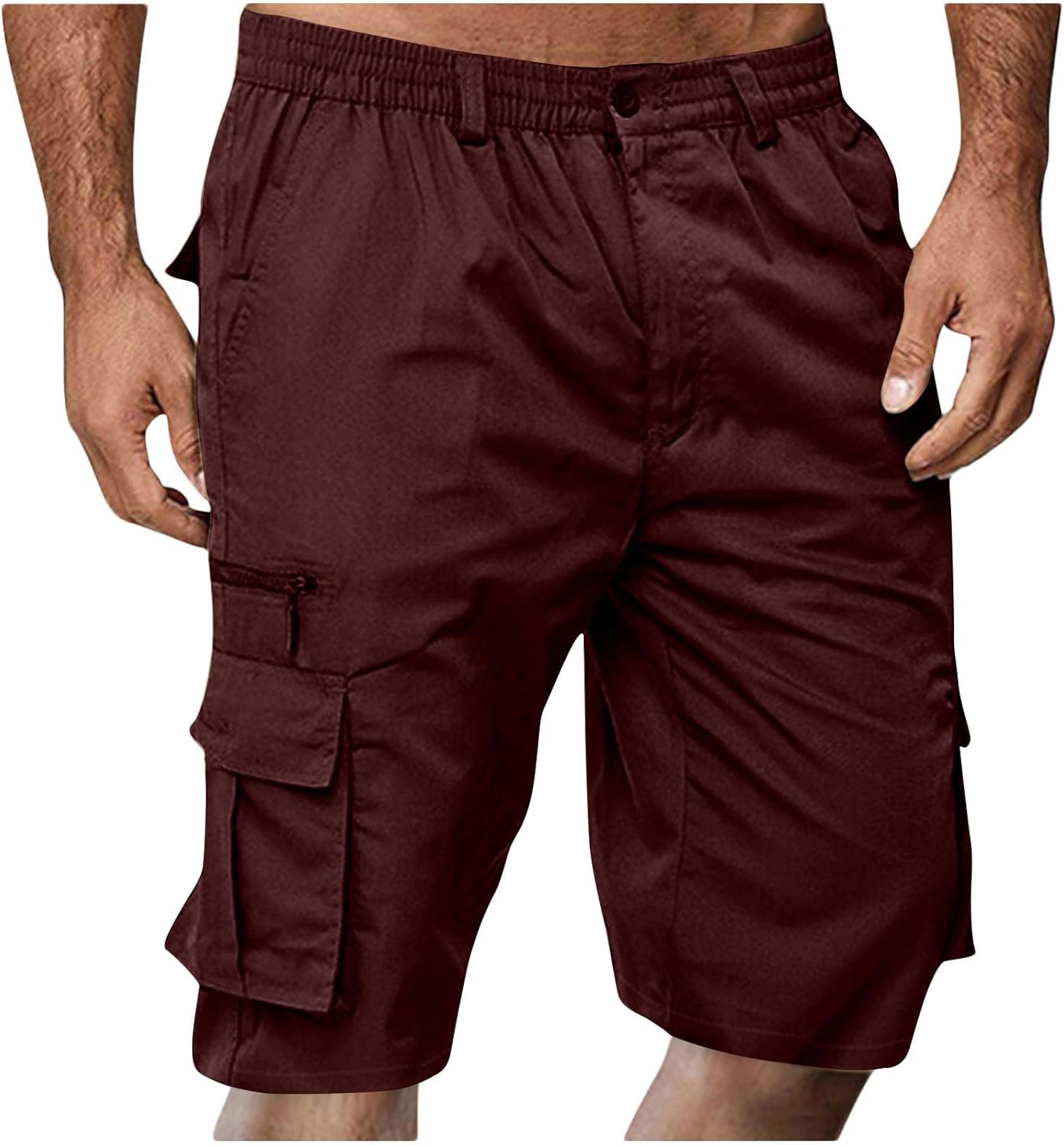 Mens Cargo Shorts Button Loose Casual Elastic Waist Outdoor Hiking Shorts Solid Straight Leg Workout Short Pants