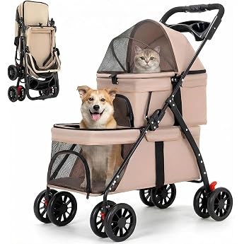 Pet Cart, 2-Tier Style, Dog Cart, Foldable Pet Cart, Suitable for Small Dogs, Front Wheels Rotate 360 , Rear Wheels with Brake, Easy Assembly, Load Capacity 20KG, For Cats, Multiple Small Dogs
