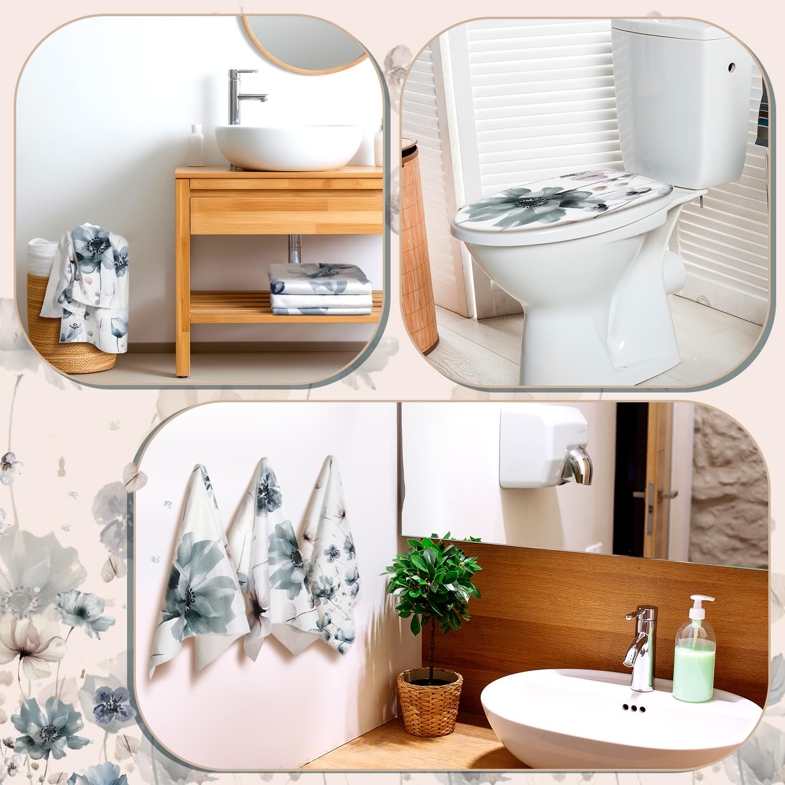 Newwiee Juego de 7 cortinas de ducha con diseño floral bohemio para decoración de baño, cortina de ducha y tapetes, toallas, alfombrilla de inodoro, impermeable, accesorios de baño de acuarela