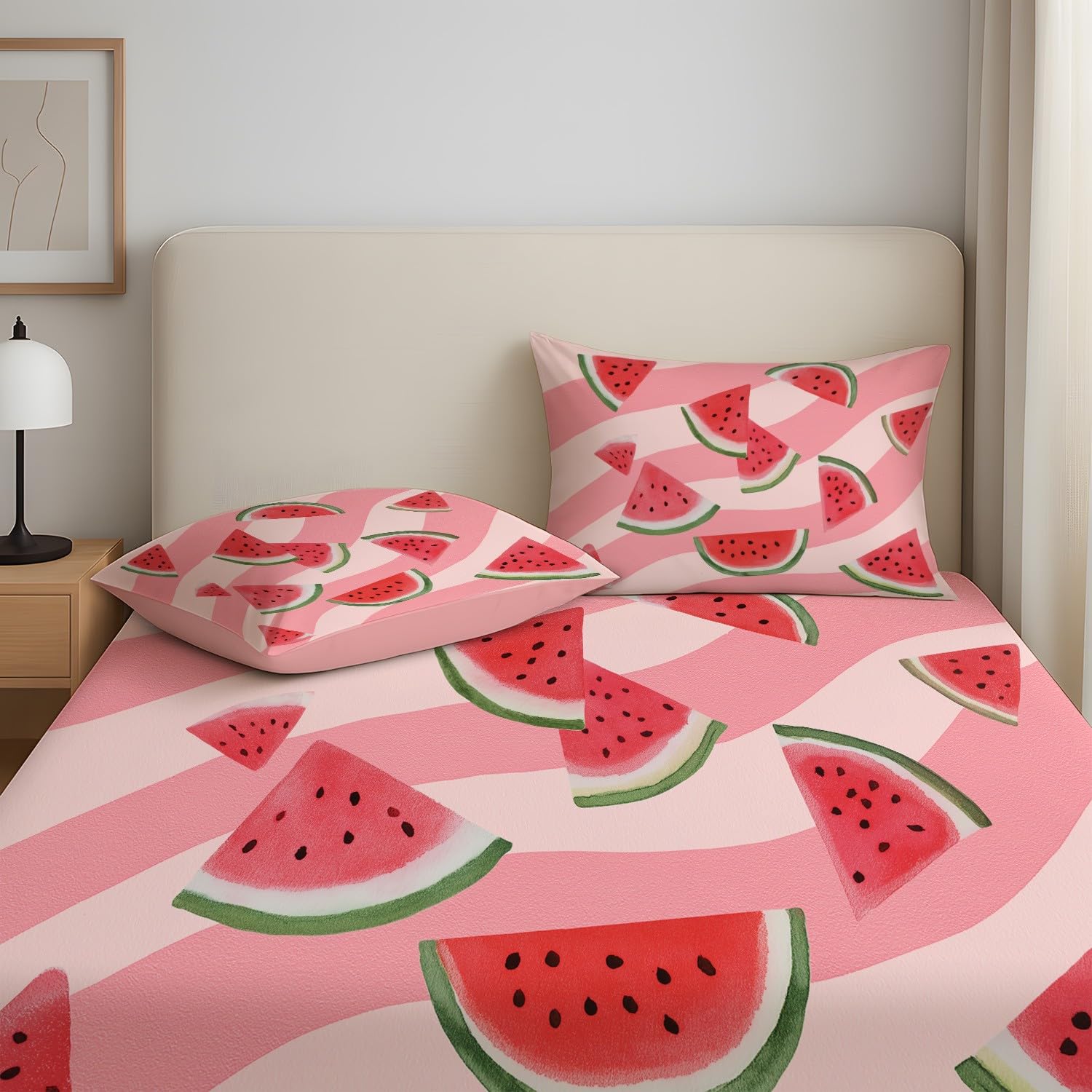 Wassermelonen-Dreiecke, Frische Scheiben Spannbettlaken 160 x 200 cm - Bettlaken Pflegeleicht, Knackiger Sommer, Lebendig Verspielt, Bettwäsche-Set, 3-teiliges Kinderzimmer, Schlafzimmer