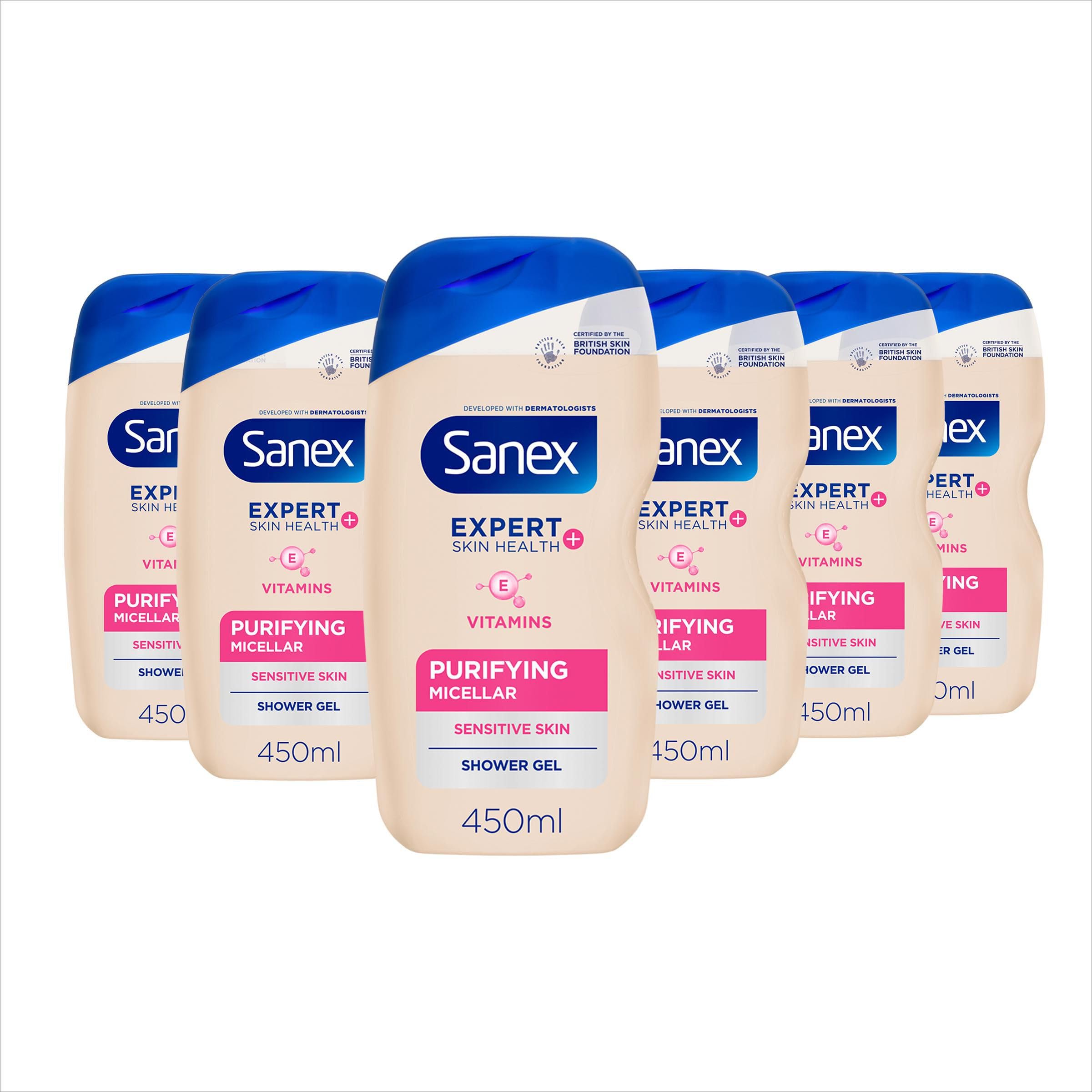 Sanex Expert Skin Health+ Micellar Hypoallergenic Shower Gel 450ml X 6- For Sensitive Skin - Body Wash For Men & Women - Helps Protect Skin From Pollution - Gentle Antioxidant Formula - with Vitamin E