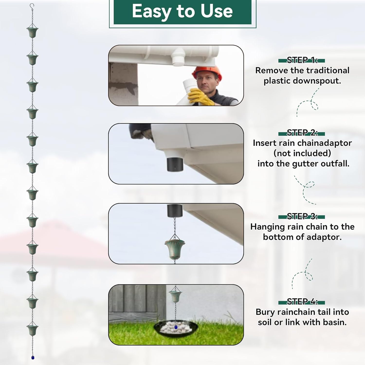 Rain Chains for Outside, 8.7FT Gutter Chain with 12 Bell Cups Rain Catcher Chain Replacement Downspout for Gutters Eaves Drainage Decor, Bronze