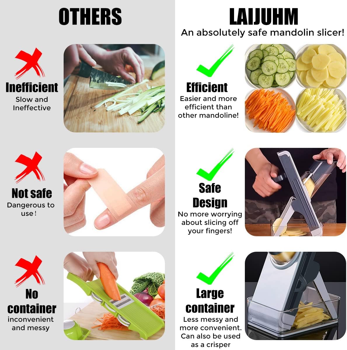 Safe Mandoline Slicer for Kitchen, Vegetable Slicer Cutter & Chopper, Food Slice + Julienne for Vegetables Potato Fruit with Container, Veggie Cutter with 3 Adjustable Blade