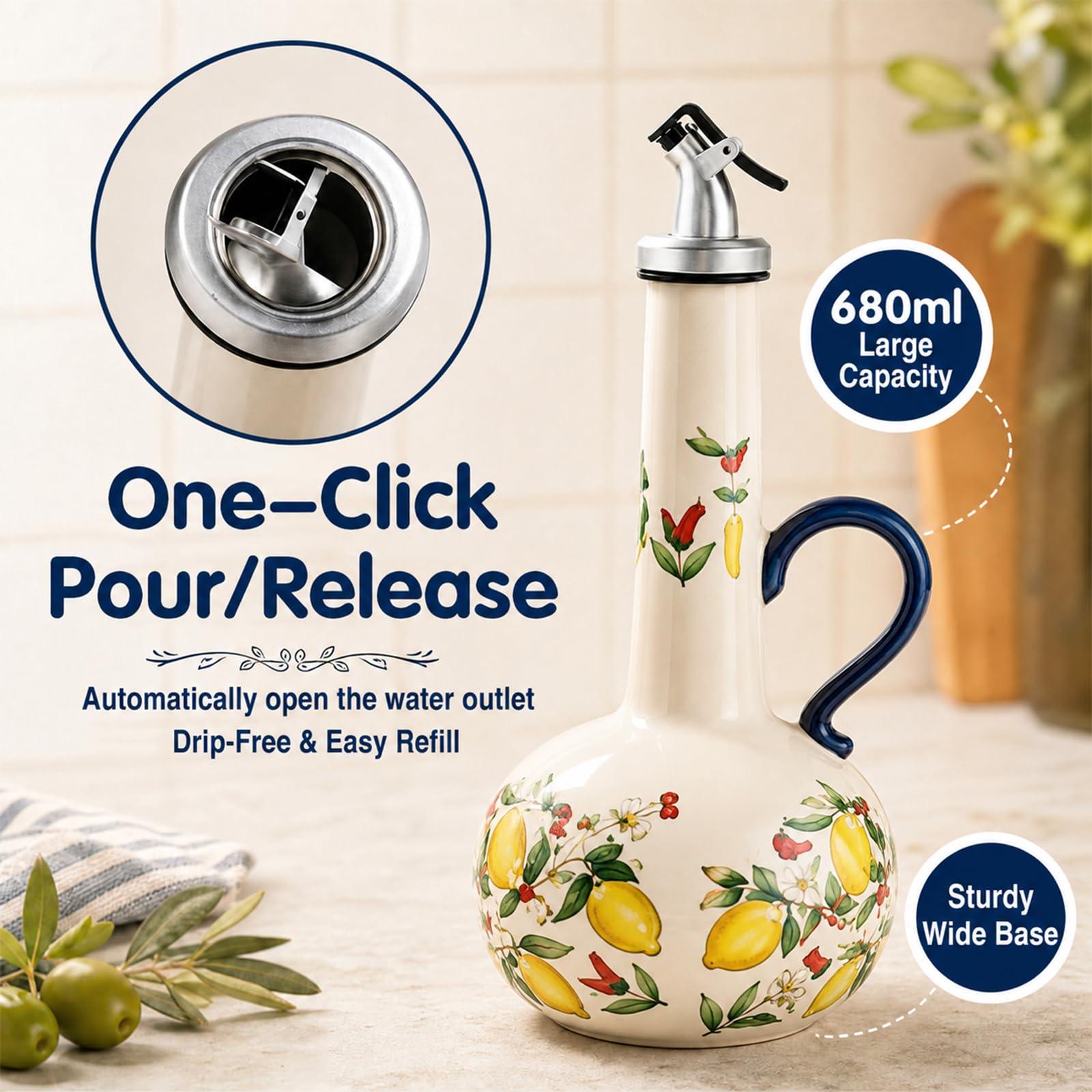 Dispenser di olio d'oliva in ceramica con beccuccio in acciaio inox