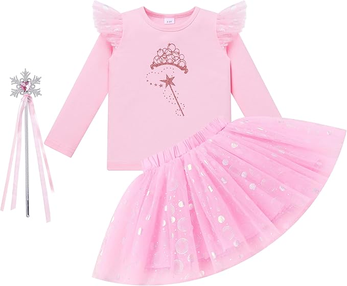 FYMNSI Baby Girls Halloween Costume Broom Print T-shirt Tutu Skirt and Magic Wand/Hat 3PCS Princess Witch Cosplay Outfits
