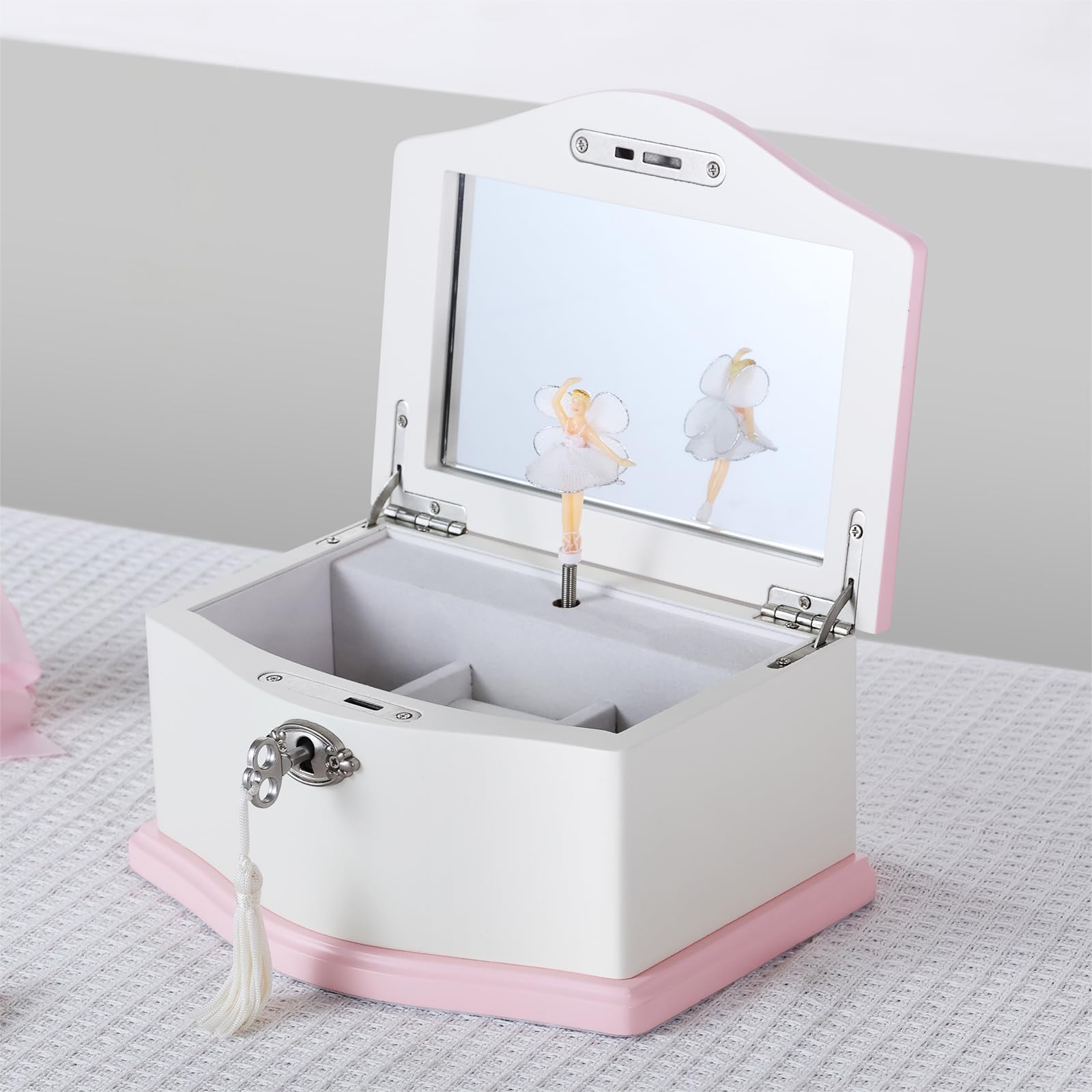 Musik-Schmuckschatulle mit Spiegel und Halskette, mittelgroß, Ballerina, für Mädchen, Kinder-Schmuckaufbewahrung, Musiktruhe (weiß/rosa)