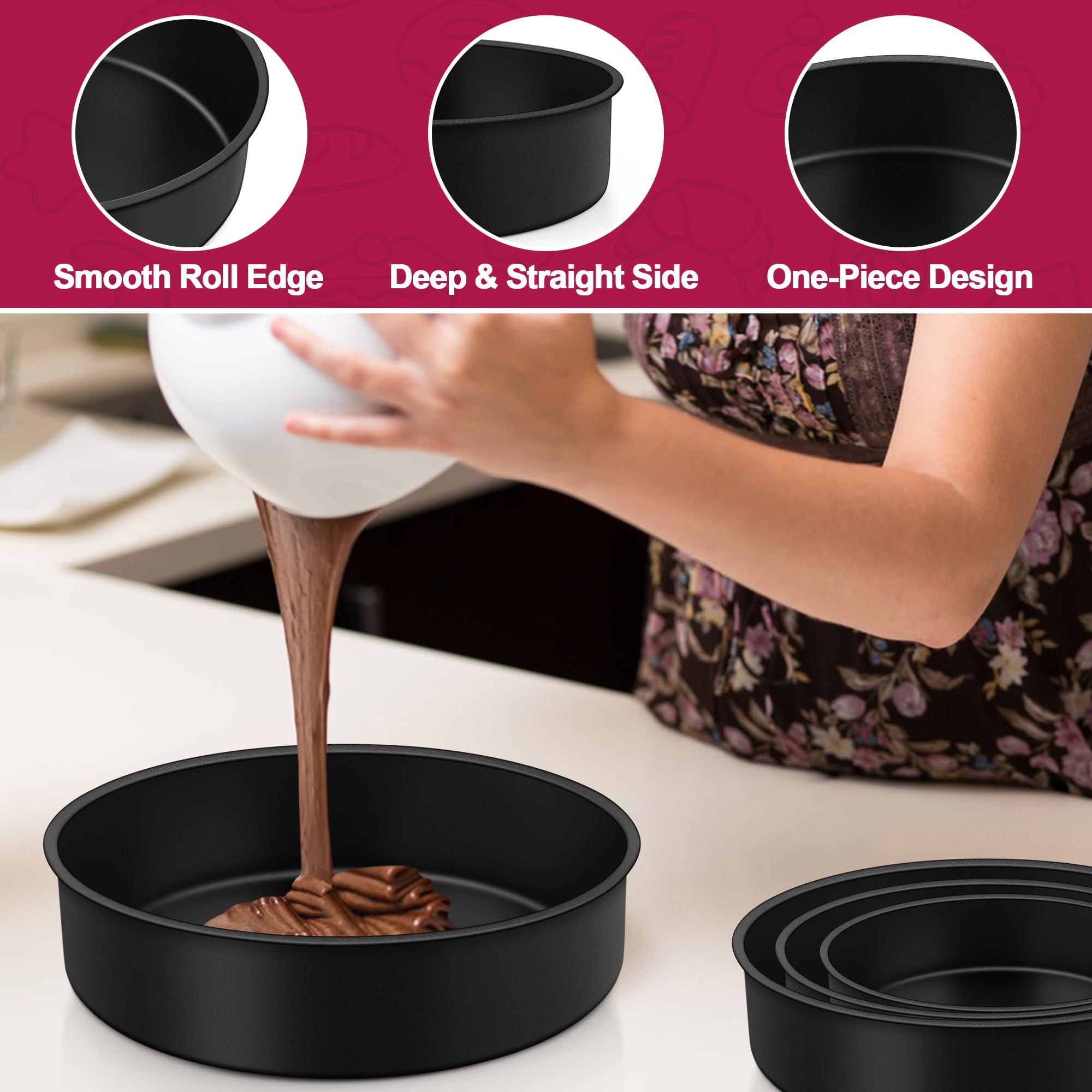 E-far Cake Pan Set of 4 (4 inch/6 inch/8 inch/9½ inch), Nonstick Round Baking Cake Pans for Tier Birthday Wedding Cake, Stainless Steel Core & Non-Toxic Coating, 2 Inch Deep (Black)