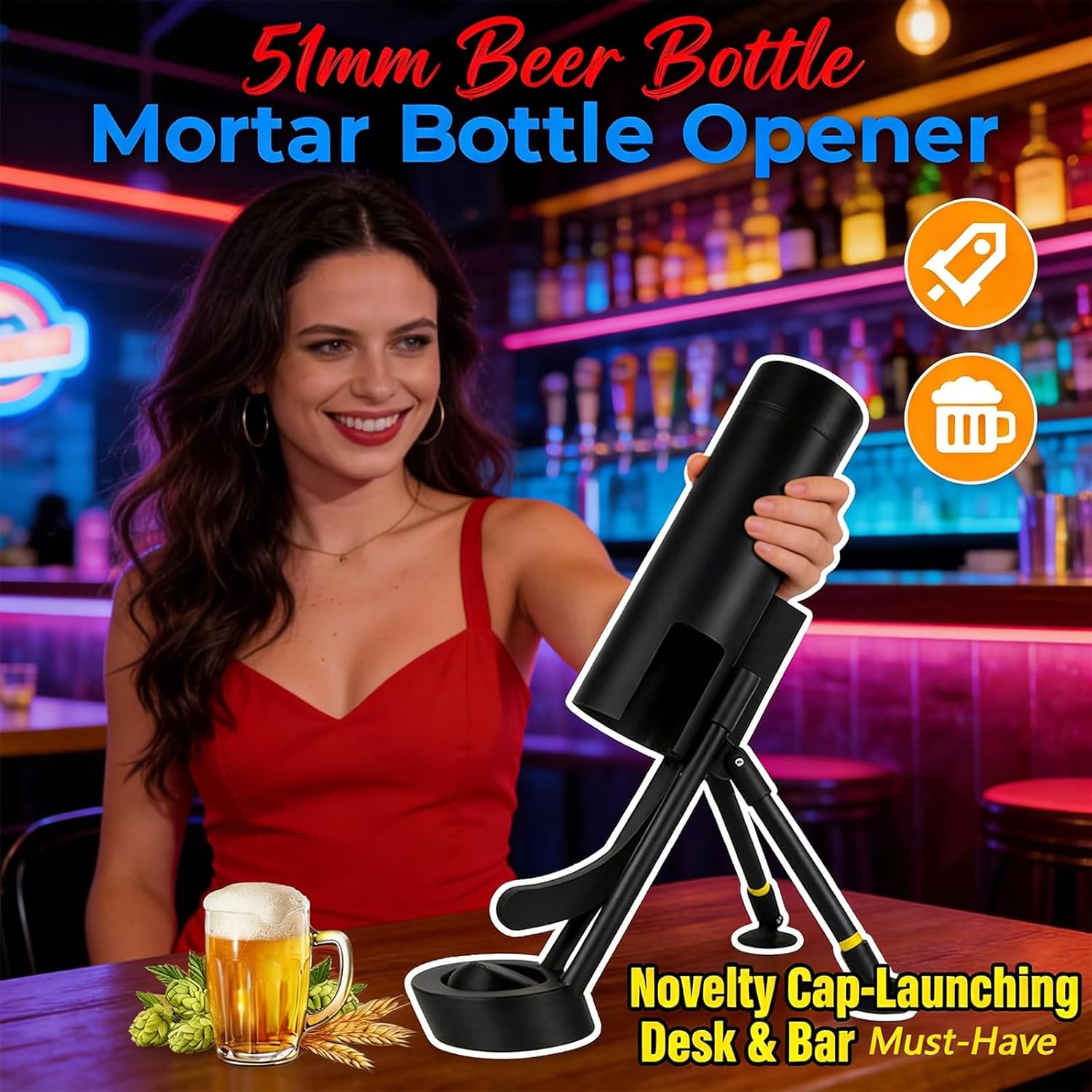 51mm Beer Bottle Mortar Bottle Opener, Mortar Beer Bottle Opener, Hands-Free Push Down Opener, Funny Beer Bottles Opener for Bars, Desks, Shelves (2 Pcs Mix-C)