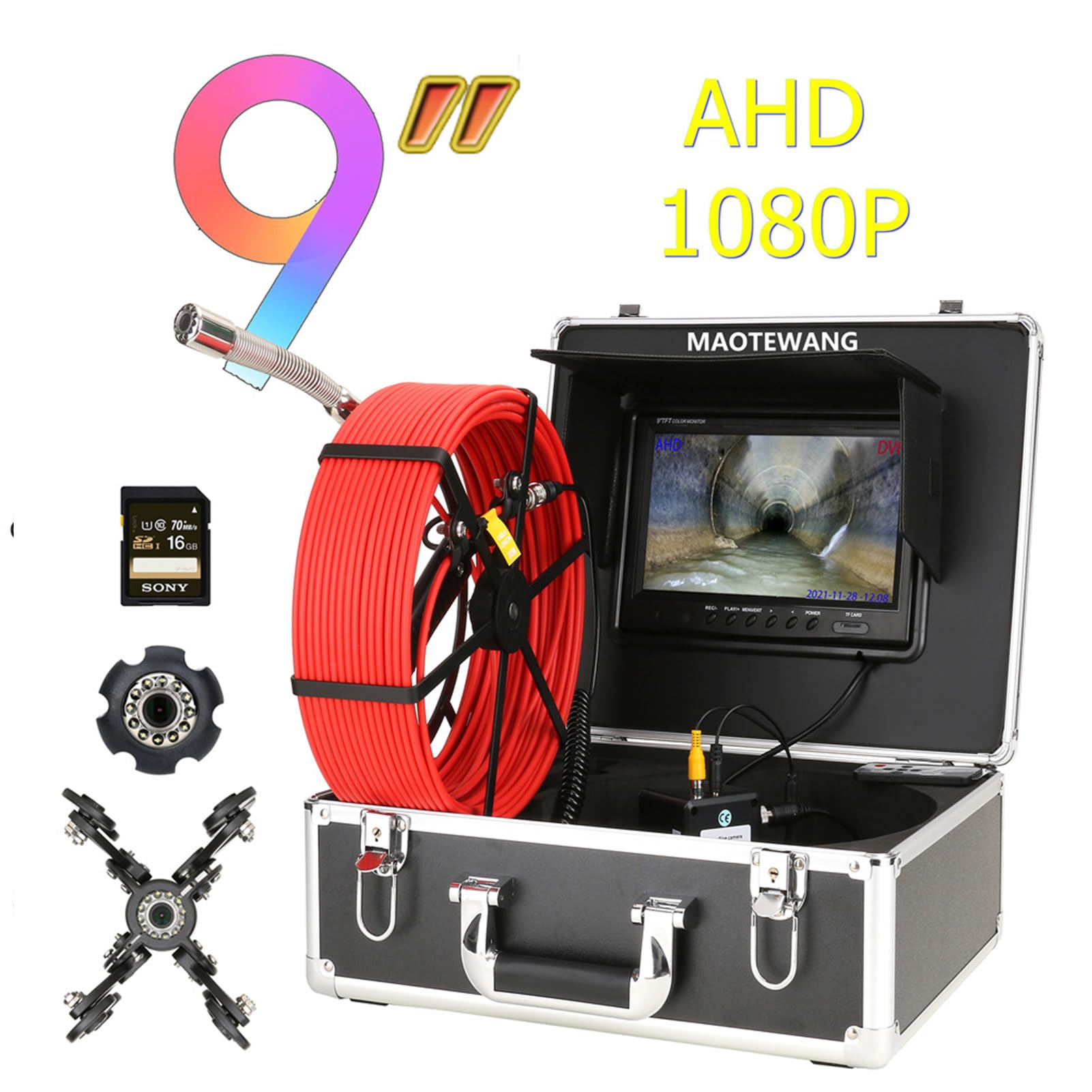 配管カメラ 検査カメラ 距離カウンター付 IP68防水内視鏡 12LEDライト付き DVR 9インチ監視下水道管検査カメラ、IP68 AHD 1080P排水下水道管工業