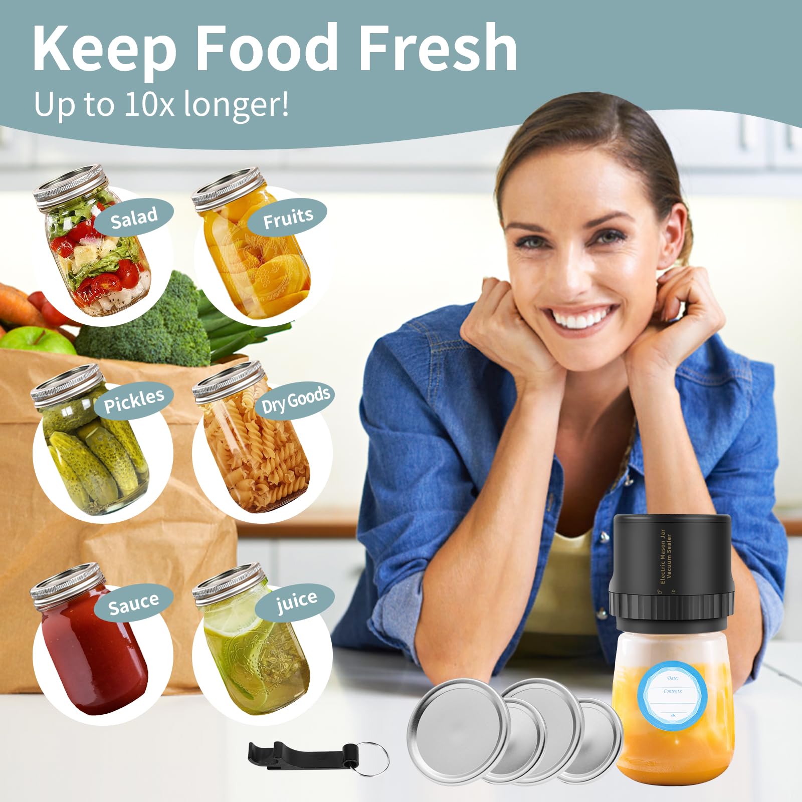 Mason Genie Vacuum Sealer Kit for Mason Jars, Compatible with Wide & Regular Mouth, Food Storage Vacuum Sealing System for Dry & Liquid Foods (Black) — view 2