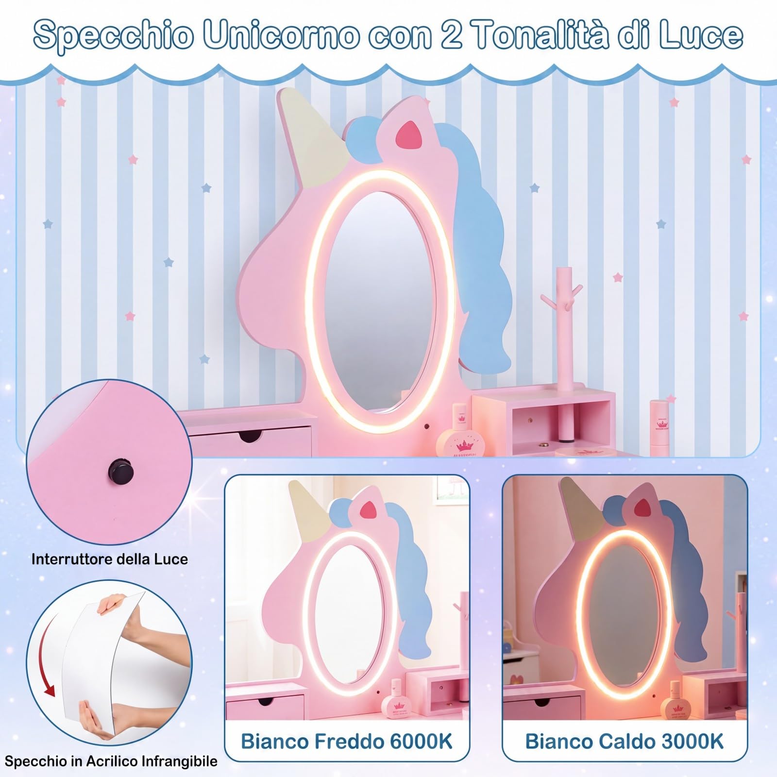COSTWAY Toeletta Trucco per Bambini a Unicorno con Specchio Ovale, Rosa | Postazione Trucco in Legno con Tavolino con Cassetti, Mensole e Scaffale & Sgabello & Specchio Rimovibile per Cameretta