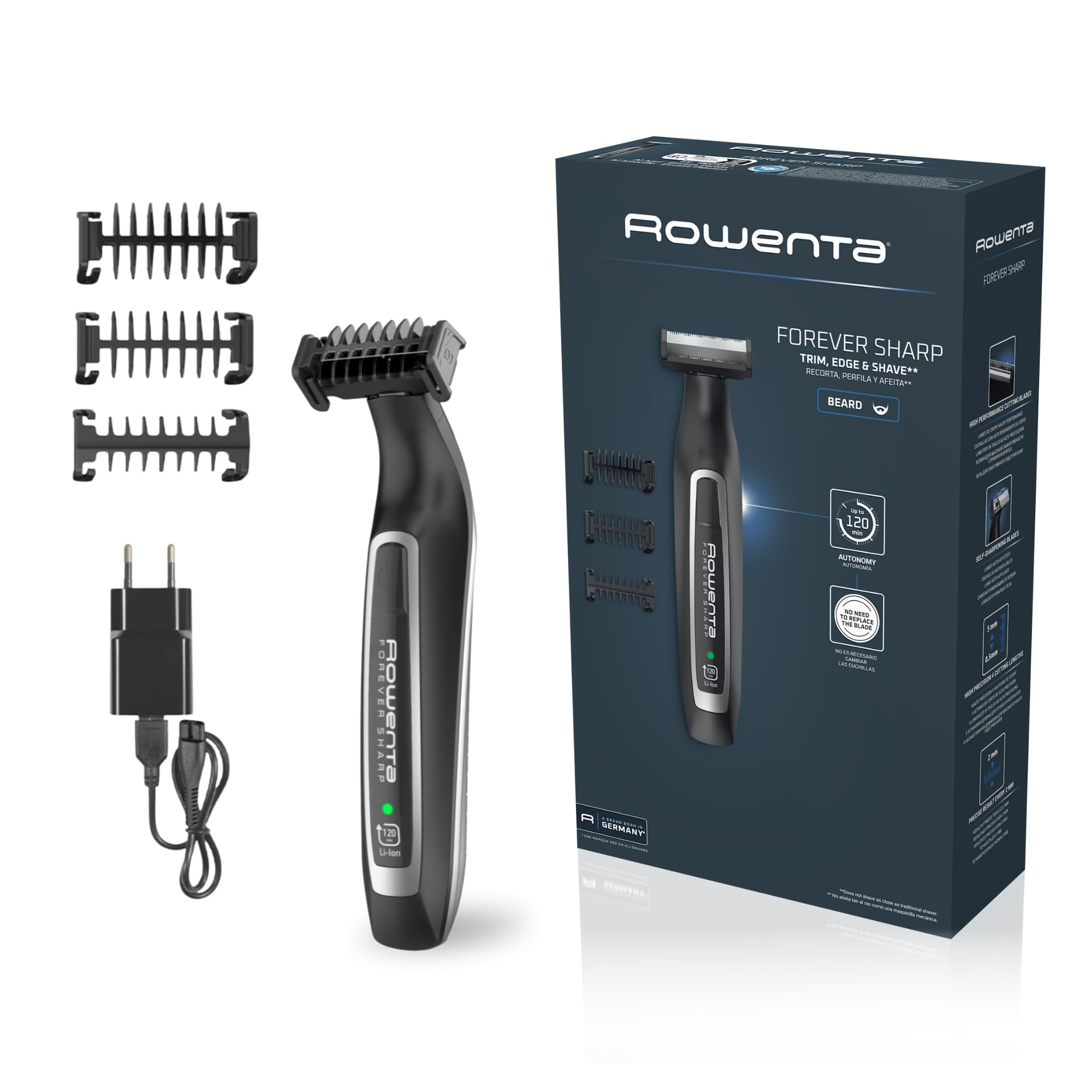 ROWENTA | Forever Sharp Tondeuse Barbe Hybride 3en1 | Tailler Styliser Raser Aucun Remplacement De Lame Nécessaire Lames En Acier Inoxydable Tête Amovible Autonomie 120 min Wet & Dry TN6000F5