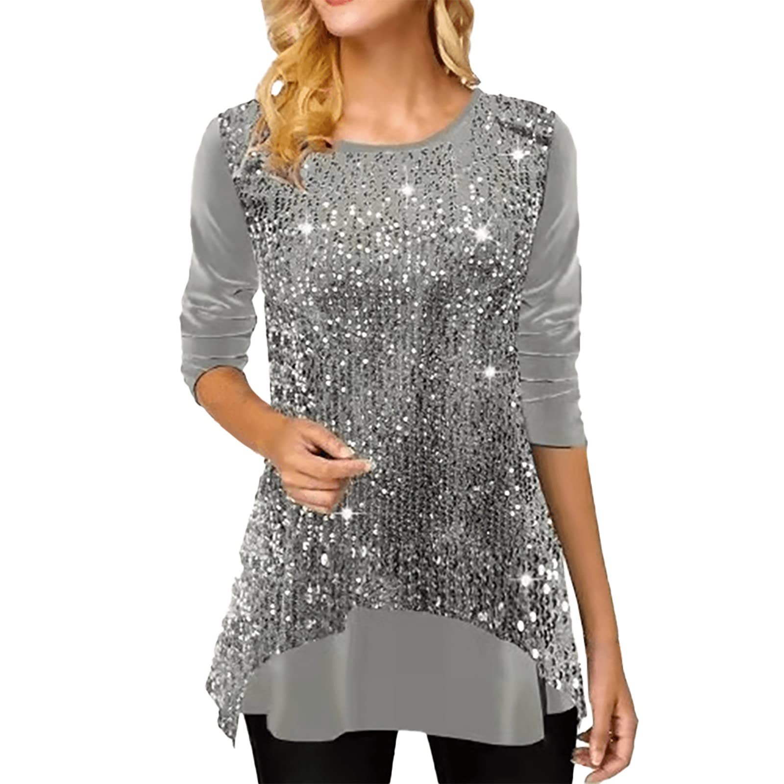 Glitzer Oberteile Damen Rundhals - Pailletten Bluse Damen Elegant Festlich T Shirt Langarm Asymmetrisch Lockere Casual Langarmshirt Pullover Tunika Top Party Oberteil Blusen & Tuniken für Frauen